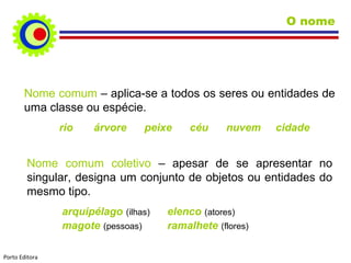 Nome comum  –   aplica-se a todos os seres ou entidades de uma classe ou espécie. rio  árvore  peixe  céu  nuvem  cidade Nome comum coletivo  –   apesar de se apresentar no singular, designa um conjunto de objetos ou entidades do mesmo tipo. arquipélago   (ilhas)   elenco   (atores) magote   (pessoas)  ramalhete   (flores) O nome Porto Editora 