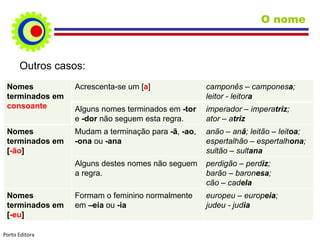 Outros casos: O nome Porto Editora Nomes terminados em  consoante Acrescenta-se um [ a ] camponês – campones a ; leitor - leitor a Alguns nomes terminados em  -tor  e  -dor  não seguem esta regra. imperador – impera triz ; ator – a triz Nomes terminados em [ -ão ] Mudam a terminação para  -ã ,  -ao ,  -ona  ou  -ana anão – an ã ; leitão – leit oa ; espertalhão – espertalh ona ; sultão – sult ana Alguns destes nomes não seguem a regra. perdigão – perd iz ;  barão – baron esa ;  cão – cad ela Nomes terminados em [ -eu ] Formam o feminino normalmente em  –eia  ou  -ia europeu – europ eia ;  judeu - jud ia  