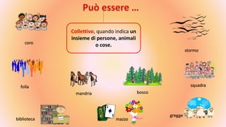 Collettivo, quando indica un
insieme di persone, animali
o cose.
folla
coro
mandria bosco
squadra
stormo
mazzo
gregge
biblioteca
 
