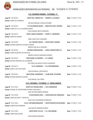 ASSOCIAÇÃO DE FUTEBOL DE LEIRIA                                           Época de 2010 / 11



            NOMEAÇÕES REFERENTES AO PERÍODO                          DE 15/10/2010 A 21/10/2010

                                  C.D. DIVISÃO HONRA - FUTEBOL 11
                                                                       .
Jogo Nº 102.00.025.0            GRUPO REC. AMIGOS PAZ / GINÁSIO C. ALCOBAÇA           Data 17/10/2010 - 15:00
Campo CAMPO DA CHARNECA
                                 ANTONIO EMANUEL CARVALHO NOBRE

Jogo Nº 102.00.026.0            C.C.R.ALQUEIDÃO SERRA / BIBLIOTECA INST. RECREIO      Data 17/10/2010 - 15:00
Campo CAMPO DO C.C.R. ALQUEIDÃO SERRA
                                 PAULO MANUEL BENTO MARQUES

Jogo Nº 102.00.027.0           SPORT LISBOA E MARINHA / SPORT C.L. MARRAZES           Data 17/10/2010 - 15:00
Campo CAMPO DA ORDEM
                                 FABIO JOSE COSTA VERISSIMO

Jogo Nº 102.00.028.0               A.D. FIGUEIRO VINHOS   / GRUPO DESP. GUIENSE       Data 17/10/2010 - 15:00
Campo ESTÁDIO MUNICIPAL AFONSO LACERDA
                                 MARCIO JOSE SILVA FERREIRA

Jogo Nº 102.00.029.0            RECREIO PEDROGUENSE       / ASSOC. BENEDITENSE C.D.   Data 17/10/2010 - 15:00
Campo CAMPO MUNICIPAL DE S.MATEUS
                                 SANDRO GONCALO MORGADO SOARES

Jogo Nº 102.00.030.0           GRUPO DESP. ALVAIÁZERE / C.C. ANSIÃO                   Data 17/10/2010 - 15:00
Campo ESTADIO MUNICIPAL DE ALVAIÁZERE
                                 RUI JORGE GALHARDO FONTES FIGUEIREDO

Jogo Nº 102.00.031.0                  S.C.R. GAEIRENSE / A.D. PORTOMOSENSE            Data 17/10/2010 - 15:00
Campo CAMPO LUIS FILIPE GAMA
                                 CARLOS MANUEL LOPES BRITES

Jogo Nº 102.00.032.0           GRUPO DESP. NAZARENOS      / CLUBE DESP. PATAIENSE     Data 17/10/2010 - 15:00
Campo ESTÁDIO MUNICIPAL NAZARÉ
                                 HUGO MIGUEL VALA PIRES


                               C.D. I DIVISÃO - FUTEBOL 11 ZONA NORTE

Jogo Nº 103.01.023.0           GRUPO D.R. POUSAFLORES     / ACD CASEIRINHOS           Data 17/10/2010 - 15:00
Campo PARQUE DE JOGOS PADRE ANTÓNIO LOPES MELO
                                 JOSE ANTONIO RIBEIRO PEREIRA

Jogo Nº 103.01.024.0               S.CASTANHEIRA PERA / ASSOCIAÇÃO REC. MEIRINHAS     Data 17/10/2010 - 15:00
Campo CAMPO DR JOSE F. CARVALHO
                                 NUNO TIAGO FERNANDES RODRIGUES

Jogo Nº 103.01.025.0      U.D.R.C. MATAMOURISQUENSE / GRUPO RECREATIVO MILAGRES       Data 17/10/2010 - 15:00
Campo CAMPOS DOS ARNEIROS
                                 LUIS CARLOS FERREIRA SOARES

Jogo Nº 103.01.026.0               GRUPO DESP. DA ILHA / A.C. AVELARENSE              Data 17/10/2010 - 15:00
Campo CAMPO DAS LAGOAS
                                 DAVID MARQUES MENDES
 