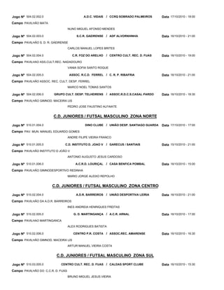 Jogo Nº 504.02.002.0                        A.D.C. VIDAIS   / CCRQ SOBRADO PALMEIROS      Data 17/10/2010 - 18:00
Campo PAVILHÃO MATA
                                   NUNO MIGUEL AFONSO MENDES

Jogo Nº 504.02.003.0                    S.C.R. GAEIRENSE / ADF ALVORNHINHA                Data 16/10/2010 - 21:00
Campo PAVILHÃO S. D. R. GAEIRENSE
                                   CARLOS MANUEL LOPES BRITES

Jogo Nº 504.02.004.0                 C.R. FOZ DO ARELHO     / CENTRO CULT. REC. D. FUAS   Data 16/10/2010 - 19:00
Campo PAVILHAO ASS.CULT.REC. NADADOURO
                                   VANIA SOFIA SANTO ROQUE

Jogo Nº 504.02.005.0                ASSOC. R.C.D. FERREL / C. R. P. RIBAFRIA              Data 16/10/2010 - 21:00
Campo PAVILHÃO ASSOC. REC. CULT. DESP. FERREL
                                   MARCO NOEL TOMAS SANTOS

Jogo Nº 504.02.006.0    GRUPO CULT. DESP. TELHEIRENS        / ASSOC.R.D.C.S.CASAL PARDO   Data 16/10/2010 - 18:30
Campo PAVILHÃO GIMNOD. MACEIRA LIS
                                   PEDRO JOSE FAUSTINO ALFAIATE


                        C.D. JUNIORES / FUTSAL MASCULINO ZONA NORTE

Jogo Nº 510.01.004.0                         DINO CLUBE / UNIÃO DESP. SANTIAGO GUARDA     Data 17/10/2010 - 17:00
Campo PAV. MUN. MANUEL EDUARDO GOMES
                                   ANDRE FILIPE VIEIRA FRANCO

Jogo Nº 510.01.005.0           C.D. INSTITUTO D. JOAO V     / GARECUS / SANTIAIS          Data 15/10/2010 - 21:00
Campo PAVILHÃO INSTITUTO D JOÃO V
                                   ANTONIO AUGUSTO JESUS CARDOSO

Jogo Nº 510.01.006.0                   A.C.R.D. LOURIÇAL    / CASA BENFICA POMBAL         Data 16/10/2010 - 15:00
Campo PAVILHÃO GIMNODESPORTIVO REDINHA
                                   MARIO JORGE ALEIXO REPOLHO


                       C.D. JUNIORES / FUTSAL MASCULINO ZONA CENTRO

Jogo Nº 510.02.004.0                    A.D.R. BARREIROS    / UNIÃO DESPORTIVA LEIRIA     Data 16/10/2010 - 21:00
Campo PAVILHÃO DA A.D.R. BARREIROS
                                   INES ANDREIA HENRIQUES FREITAS

Jogo Nº 510.02.005.0                  G. D. MARTINGANÇA / A.C.R. ARNAL                    Data 16/10/2010 - 17:00
Campo PAVILHAO MARTINGANCA
                                   ALEX RODRIGUES BATISTA

Jogo Nº 510.02.006.0                  CENTRO P.R. COSTA     / ASSOC.REC. AMARENSE         Data 16/10/2010 - 16:30
Campo PAVILHÃO GIMNOD. MACEIRA LIS
                                   ARTUR MANUEL VIEIRA COSTA


                          C.D. JUNIORES / FUTSAL MASCULINO ZONA SUL

Jogo Nº 510.03.005.0         CENTRO CULT. REC. D. FUAS / CALDAS SPORT CLUBE               Data 16/10/2010 - 15:30
Campo PAVILHÃO DO C.C.R. D. FUAS
                                   BRUNO MIGUEL JESUS VIEIRA
 
