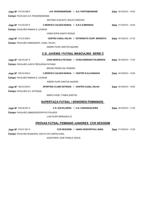 Jogo Nº 510.03.006.0               A.R. PEDERNEIRENSE     / A.D. PORTOMOSENSE     Data 16/10/2010 - 16:00
Campo PAVILHAO A.R. PEDERNEIRENSE
                                 ANTONIO AUGUSTO JESUS CARDOSO

Jogo Nº 510.03.007.0          C.BENFICA CALDAS RAINHA     / A.R.C.D.MENDIGA       Data 17/10/2010 - 16:00
Campo PAVILHÃO RAINHA D. LEONOR
                                 VANIA SOFIA SANTO ROQUE

Jogo Nº 510.03.008.0              CENTRO CASAL VELHO / EXTERNATO COOP. BENEDITA   Data 15/10/2010 - 21:00
Campo PAVILHÃO GIMNODESP. CASAL VELHO
                                 ANDRE FILIPE SANTOS NAZARE


                              C.D. JUVENIS / FUTSAL MASCULINO SERIE C

Jogo Nº 520.03.001.0             CASA BENFICA PATAIAS / CCRQ SOBRADO PALMEIROS    Data 16/10/2010 - 17:00
Campo PAVILHÃO JUNTA FREGUESIA PATAIAS
                                 BRUNO PEDRO GIL PEREIRA

Jogo Nº 520.03.002.0          C.BENFICA CALDAS RAINHA     / CENTRO R.ALCANADAS    Data 16/10/2010 - 15:00
Campo PAVILHÃO RAINHA D. LEONOR
                                 ANDRE FILIPE SANTOS NAZARE

Jogo Nº 520.03.003.0          SPORTING CLUBE ESTRADA      / CENTRO CASAL VELHO    Data 16/10/2010 - 18:00
Campo PAVILHÃO S.C. ESTRADA
                                 MARCO NOEL TOMAS SANTOS


                          SUPERTAÇA FUTSAL / SENIORES FEMININOS

Jogo Nº 550.00.001.0                  C.R. GOLPILHEIRA / U.D. CARANGUEJEIRA       Data 16/10/2010 - 17:00
Campo PAVILHÃO GIMNODESPORTIVO POUSOS
                                 LUIS FILIPE MARQUES LE


                       PROVAS FUTSAL FEMININO JUNIORES CCR SEGODIM

Jogo Nº 910.01.001.0                     CCR SEGODIM / UNIÃO DESPORTIVA LEIRIA    Data 17/10/2010 - 17:00
Campo PAVILHÃO MUNICIPAL SOUTO DA CARPALHOSA
                                 AGOSTINHO JOSE PENELA JESUS
 