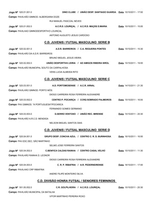 Jogo Nº 520.01.001.0                        DINO CLUBE / UNIÃO DESP. SANTIAGO GUARDA   Data 15/10/2011 - 17:00
Campo PAVILHÃO GIMNOD. ALBERGARIA DOZE
                                  RUI MANUEL PASCOAL NEVES

Jogo Nº 520.01.002.0                  A.C.R.D. LOURIÇAL   / A.C.R.D. MAÇÃS D.MARIA     Data 15/10/2011 - 15:00
Campo PAVILHAO GIMNODESPORTIVO LOURICAL
                                  ANTONIO AUGUSTO JESUS CARDOSO


                              C.D. JUVENIS / FUTSAL MASCULINO SERIE B

Jogo Nº 520.02.001.0                  A.D.R. BARREIROS    / C.A. REGUEIRA PONTES       Data 15/10/2011 - 15:30
Campo PAVILHÃO DA A.D.R. BARREIROS
                                  BRUNO MIGUEL JESUS VIEIRA

Jogo Nº 520.02.002.0           UNIÃO DESPORTIVA LEIRIA    / AD AMIGOS RIBEIRA SIROL    Data 15/10/2011 - 19:00
Campo PAVILHÃO MUNICIPAL SOUTO DA CARPALHOSA
                                  VERA LUCIA ALMEIDA RITO


                              C.D. JUVENIS / FUTSAL MASCULINO SERIE C

Jogo Nº 520.03.001.0                A.D. PORTOMOSENSE     / A.C.R. ARNAL               Data 14/10/2011 - 21:30
Campo PAVILHÃO GIMNOD. PORTO MÓS
                                  DIOGO CARREIRA ROSA FERREIRA ALEXANDRE

Jogo Nº 520.03.002.0               CENTRO P. POCARIÇA     / CCRQ SOBRADO PALMEIROS     Data 15/10/2011 - 16:00
Campo PAV.GIMNOD. "A PORTUGUESA"/POCARICA
                                  FERNANDO GOMES GERMANO

Jogo Nº 520.03.003.0                  G.SERRO VENTOSO / UNIÃO REC. MIRENSE             Data 15/10/2011 - 20:30
Campo PAVILHÃO A.R.C.D. MENDIGA
                                  NELSON MIGUEL SANTOS DIAS


                              C.D. JUVENIS / FUTSAL MASCULINO SERIE D

Jogo Nº 520.04.001.0          GRUPO DESP. CONCHA AZUL / CENTRO C. R. D. BURINHOSA      Data 16/10/2011 - 16:00
Campo PAV.ESC.SEC. SÃO MARTINHO
                                  SELMO JOSE FERREIRA SANTOS

Jogo Nº 520.04.002.0          C.BENFICA CALDAS RAINHA     / CENTRO CASAL VELHO         Data 15/10/2011 - 11:30
Campo PAVILHÃO RAINHA D. LEONOR
                                  DIOGO CARREIRA ROSA FERREIRA ALEXANDRE

Jogo Nº 520.04.003.0                    C. R. P. RIBAFRIA / A.R. PEDERNEIRENSE         Data 16/10/2011 - 17:00
Campo PAVILHAO CRP RIBAFRIA
                                  ANDRE FILIPE MONTEIRO SILVA


                       C.D. DIVISÃO HONRA FUTSAL / SENIORES FEMININOS

Jogo Nº 551.00.002.0                   C.R. GOLPILHEIRA / A.C.R.D. LOURIÇAL            Data 15/10/2011 - 20:30
Campo PAVILHÃO MUNICIPAL DA BATALHA
                                  VITOR MARTINHO PEREIRA ROXO
 