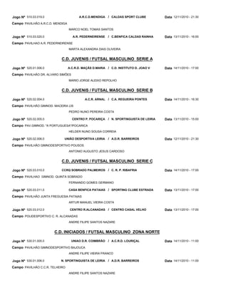 C.D. JUVENIS / FUTSAL MASCULINO SERIE A
C.D. JUVENIS / FUTSAL MASCULINO SERIE B
C.D. JUVENIS / FUTSAL MASCULINO SERIE C
C.D. INICIADOS / FUTSAL MASCULINO ZONA NORTE
A.R.C.D.MENDIGA
A.R. PEDERNEIRENSE
A.C.R.D. MAÇÃS D.MARIA
A.C.R. ARNAL
CENTRO P. POCARIÇA
UNIÃO DESPORTIVA LEIRIA
CCRQ SOBRADO PALMEIROS
CASA BENFICA PATAIAS
CENTRO R.ALCANADAS
UNIAO D.R. COIMBRÃO
N. SPORTINGUISTA DE LEIRIA
CALDAS SPORT CLUBE
C.BENFICA CALDAS RAINHA
C.D. INSTITUTO D. JOAO V
C.A. REGUEIRA PONTES
N. SPORTINGUISTA DE LEIRIA
A.D.R. BARREIROS
C. R. P. RIBAFRIA
SPORTING CLUBE ESTRADA
CENTRO CASAL VELHO
A.C.R.D. LOURIÇAL
A.D.R. BARREIROS
/
/
/
/
/
/
/
/
/
/
/
Jogo Nº
Jogo Nº
Jogo Nº
Jogo Nº
Jogo Nº
Jogo Nº
Jogo Nº
Jogo Nº
Jogo Nº
Jogo Nº
Jogo Nº
510.03.019.0
510.03.020.0
520.01.006.0
520.02.004.0
520.02.005.0
520.02.006.0
520.03.010.0
520.03.011.0
520.03.012.0
530.01.005.0
530.01.006.0
12/11/2010 - 21:30
13/11/2010 - 16:00
14/11/2010 - 17:00
14/11/2010 - 16:30
13/11/2010 - 15:00
12/11/2010 - 21:30
14/11/2010 - 17:00
13/11/2010 - 17:00
13/11/2010 - 17:00
14/11/2010 - 11:00
14/11/2010 - 11:00
Data
Data
Data
Data
Data
Data
Data
Data
Data
Data
Data
PAVILHÃO A.R.C.D. MENDIGA
PAVILHAO A.R. PEDERNEIRENSE
PAVILHÃO DR. ALVARO SIMÕES
PAVILHÃO GIMNOD. MACEIRA LIS
PAV.GIMNOD. "A PORTUGUESA"/POCARICA
PAVILHÃO GIMNODESPORTIVO POUSOS
PAVILHAO GIMNOD. QUINTA SOBRADO
PAVILHÃO JUNTA FREGUESIA PATAIAS
POLIDESPORTIVO C. R. ALCANADAS
PAVILHÃO GIMNODESPORTIVO BAJOUCA
PAVILHÃO C.C.R. TELHEIRO
Campo
Campo
Campo
Campo
Campo
Campo
Campo
Campo
Campo
Campo
Campo
MARCO NOEL TOMAS SANTOS
MARTA ALEXANDRA DIAS OLIVEIRA
MARIO JORGE ALEIXO REPOLHO
PEDRO NUNO PEREIRA COSTA
HELDER NUNO SOUSA CORREIA
ANTONIO AUGUSTO JESUS CARDOSO
FERNANDO GOMES GERMANO
ARTUR MANUEL VIEIRA COSTA
ANDRE FILIPE SANTOS NAZARE
ANDRE FILIPE VIEIRA FRANCO
ANDRE FILIPE SANTOS NAZARE
 