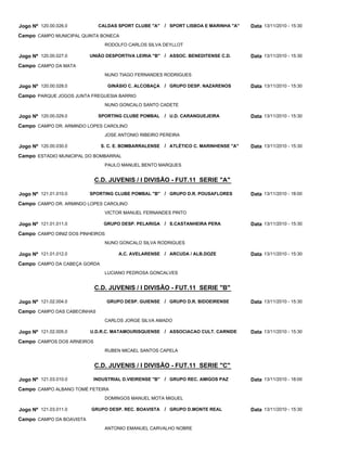 C.D. JUVENIS / I DIVISÃO - FUT.11 SERIE "A"
C.D. JUVENIS / I DIVISÃO - FUT.11 SERIE "B"
C.D. JUVENIS / I DIVISÃO - FUT.11 SERIE "C"
CALDAS SPORT CLUBE "A"
UNIÃO DESPORTIVA LEIRIA "B"
GINÁSIO C. ALCOBAÇA
SPORTING CLUBE POMBAL
S. C. E. BOMBARRALENSE
SPORTING CLUBE POMBAL "B"
GRUPO DESP. PELARIGA
A.C. AVELARENSE
GRUPO DESP. GUIENSE
U.D.R.C. MATAMOURISQUENSE
INDUSTRIAL D.VIEIRENSE "B"
GRUPO DESP. REC. BOAVISTA
SPORT LISBOA E MARINHA "A"
ASSOC. BENEDITENSE C.D.
GRUPO DESP. NAZARENOS
U.D. CARANGUEJEIRA
ATLÉTICO C. MARINHENSE "A"
GRUPO D.R. POUSAFLORES
S.CASTANHEIRA PERA
ARCUDA / ALB.DOZE
GRUPO D.R. BIDOEIRENSE
ASSOCIACAO CULT. CARNIDE
GRUPO REC. AMIGOS PAZ
GRUPO D.MONTE REAL
/
/
/
/
/
/
/
/
/
/
/
/
Jogo Nº
Jogo Nº
Jogo Nº
Jogo Nº
Jogo Nº
Jogo Nº
Jogo Nº
Jogo Nº
Jogo Nº
Jogo Nº
Jogo Nº
Jogo Nº
120.00.026.0
120.00.027.0
120.00.028.0
120.00.029.0
120.00.030.0
121.01.010.0
121.01.011.0
121.01.012.0
121.02.004.0
121.02.005.0
121.03.010.0
121.03.011.0
13/11/2010 - 15:30
13/11/2010 - 15:30
13/11/2010 - 15:30
13/11/2010 - 15:30
13/11/2010 - 15:30
13/11/2010 - 18:00
13/11/2010 - 15:30
13/11/2010 - 15:30
13/11/2010 - 15:30
13/11/2010 - 15:30
13/11/2010 - 18:00
13/11/2010 - 15:30
Data
Data
Data
Data
Data
Data
Data
Data
Data
Data
Data
Data
CAMPO MUNICIPAL QUINTA BONECA
CAMPO DA MATA
PARQUE JOGOS JUNTA FREGUESIA BARRIO
CAMPO DR. ARMINDO LOPES CAROLINO
ESTADIO MUNICIPAL DO BOMBARRAL
CAMPO DR. ARMINDO LOPES CAROLINO
CAMPO DINIZ DOS PINHEIROS
CAMPO DA CABEÇA GORDA
CAMPO DAS CABECINHAS
CAMPOS DOS ARNEIROS
CAMPO ALBANO TOMÉ FETEIRA
CAMPO DA BOAVISTA
Campo
Campo
Campo
Campo
Campo
Campo
Campo
Campo
Campo
Campo
Campo
Campo
RODOLFO CARLOS SILVA DEYLLOT
NUNO TIAGO FERNANDES RODRIGUES
NUNO GONCALO SANTO CADETE
JOSE ANTONIO RIBEIRO PEREIRA
PAULO MANUEL BENTO MARQUES
VICTOR MANUEL FERNANDES PINTO
NUNO GONCALO SILVA RODRIGUES
LUCIANO PEDROSA GONCALVES
CARLOS JORGE SILVA AMADO
RUBEN MICAEL SANTOS CAPELA
DOMINGOS MANUEL MOTA MIGUEL
ANTONIO EMANUEL CARVALHO NOBRE
 