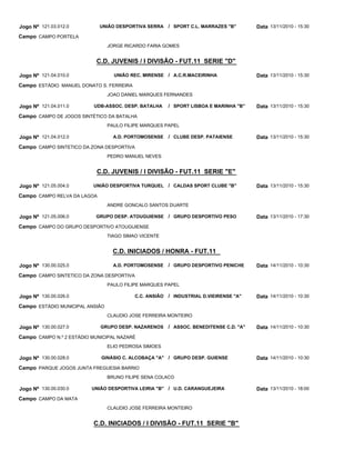 C.D. JUVENIS / I DIVISÃO - FUT.11 SERIE "D"
C.D. JUVENIS / I DIVISÃO - FUT.11 SERIE "E"
C.D. INICIADOS / HONRA - FUT.11
C.D. INICIADOS / I DIVISÃO - FUT.11 SERIE "B"
UNIÃO DESPORTIVA SERRA
UNIÃO REC. MIRENSE
UDB-ASSOC. DESP. BATALHA
A.D. PORTOMOSENSE
UNIÃO DESPORTIVA TURQUEL
GRUPO DESP. ATOUGUIENSE
A.D. PORTOMOSENSE
C.C. ANSIÃO
GRUPO DESP. NAZARENOS
GINÁSIO C. ALCOBAÇA "A"
UNIÃO DESPORTIVA LEIRIA "B"
SPORT C.L. MARRAZES "B"
A.C.R.MACEIRINHA
SPORT LISBOA E MARINHA "B"
CLUBE DESP. PATAIENSE
CALDAS SPORT CLUBE "B"
GRUPO DESPORTIVO PESO
GRUPO DESPORTIVO PENICHE
INDUSTRIAL D.VIEIRENSE "A"
ASSOC. BENEDITENSE C.D. "A"
GRUPO DESP. GUIENSE
U.D. CARANGUEJEIRA
/
/
/
/
/
/
/
/
/
/
/
Jogo Nº
Jogo Nº
Jogo Nº
Jogo Nº
Jogo Nº
Jogo Nº
Jogo Nº
Jogo Nº
Jogo Nº
Jogo Nº
Jogo Nº
121.03.012.0
121.04.010.0
121.04.011.0
121.04.012.0
121.05.004.0
121.05.006.0
130.00.025.0
130.00.026.0
130.00.027.0
130.00.028.0
130.00.030.0
13/11/2010 - 15:30
13/11/2010 - 15:30
13/11/2010 - 15:30
13/11/2010 - 15:30
13/11/2010 - 15:30
13/11/2010 - 17:30
14/11/2010 - 10:30
14/11/2010 - 10:30
14/11/2010 - 10:30
14/11/2010 - 10:30
13/11/2010 - 18:00
Data
Data
Data
Data
Data
Data
Data
Data
Data
Data
Data
CAMPO PORTELA
ESTÁDIO MANUEL DONATO S. FERREIRA
CAMPO DE JOGOS SINTÉTICO DA BATALHA
CAMPO SINTETICO DA ZONA DESPORTIVA
CAMPO RELVA DA LAGOA
CAMPO DO GRUPO DESPORTIVO ATOUGUIENSE
CAMPO SINTETICO DA ZONA DESPORTIVA
ESTÁDIO MUNICIPAL ANSIÃO
CAMPO N.º 2 ESTÁDIO MUNICIPAL NAZARÉ
PARQUE JOGOS JUNTA FREGUESIA BARRIO
CAMPO DA MATA
Campo
Campo
Campo
Campo
Campo
Campo
Campo
Campo
Campo
Campo
Campo
JORGE RICARDO FARIA GOMES
JOAO DANIEL MARQUES FERNANDES
PAULO FILIPE MARQUES PAPEL
PEDRO MANUEL NEVES
ANDRE GONCALO SANTOS DUARTE
TIAGO SIMAO VICENTE
PAULO FILIPE MARQUES PAPEL
CLAUDIO JOSE FERREIRA MONTEIRO
ELIO PEDROSA SIMOES
BRUNO FILIPE SENA COLACO
CLAUDIO JOSE FERREIRA MONTEIRO
 