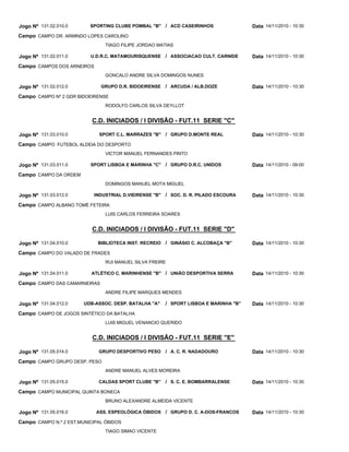 C.D. INICIADOS / I DIVISÃO - FUT.11 SERIE "C"
C.D. INICIADOS / I DIVISÃO - FUT.11 SERIE "D"
C.D. INICIADOS / I DIVISÃO - FUT.11 SERIE "E"
SPORTING CLUBE POMBAL "B"
U.D.R.C. MATAMOURISQUENSE
GRUPO D.R. BIDOEIRENSE
SPORT C.L. MARRAZES "B"
SPORT LISBOA E MARINHA "C"
INDUSTRIAL D.VIEIRENSE "B"
BIBLIOTECA INST. RECREIO
ATLÉTICO C. MARINHENSE "B"
UDB-ASSOC. DESP. BATALHA "A"
GRUPO DESPORTIVO PESO
CALDAS SPORT CLUBE "B"
ASS. ESPEOLÓGICA ÓBIDOS
ACD CASEIRINHOS
ASSOCIACAO CULT. CARNIDE
ARCUDA / ALB.DOZE
GRUPO D.MONTE REAL
GRUPO D.R.C. UNIDOS
SOC. D. R. PILADO ESCOURA
GINÁSIO C. ALCOBAÇA "B"
UNIÃO DESPORTIVA SERRA
SPORT LISBOA E MARINHA "B"
A. C. R. NADADOURO
S. C. E. BOMBARRALENSE
GRUPO D. C. A-DOS-FRANCOS
/
/
/
/
/
/
/
/
/
/
/
/
Jogo Nº
Jogo Nº
Jogo Nº
Jogo Nº
Jogo Nº
Jogo Nº
Jogo Nº
Jogo Nº
Jogo Nº
Jogo Nº
Jogo Nº
Jogo Nº
131.02.010.0
131.02.011.0
131.02.012.0
131.03.010.0
131.03.011.0
131.03.012.0
131.04.010.0
131.04.011.0
131.04.012.0
131.05.014.0
131.05.015.0
131.05.016.0
14/11/2010 - 10:30
14/11/2010 - 10:30
14/11/2010 - 10:30
14/11/2010 - 10:30
14/11/2010 - 09:00
14/11/2010 - 10:30
14/11/2010 - 10:30
14/11/2010 - 10:30
14/11/2010 - 10:30
14/11/2010 - 10:30
14/11/2010 - 10:30
14/11/2010 - 10:30
Data
Data
Data
Data
Data
Data
Data
Data
Data
Data
Data
Data
CAMPO DR. ARMINDO LOPES CAROLINO
CAMPOS DOS ARNEIROS
CAMPO Nº 2 GDR BIDOEIRENSE
CAMPO FUTEBOL ALDEIA DO DESPORTO
CAMPO DA ORDEM
CAMPO ALBANO TOMÉ FETEIRA
CAMPO DO VALADO DE FRADES
CAMPO DAS CAMARNEIRAS
CAMPO DE JOGOS SINTÉTICO DA BATALHA
CAMPO GRUPO DESP. PESO
CAMPO MUNICIPAL QUINTA BONECA
CAMPO N.º 2 EST.MUNICIPAL ÓBIDOS
Campo
Campo
Campo
Campo
Campo
Campo
Campo
Campo
Campo
Campo
Campo
Campo
TIAGO FILIPE JORDAO MATIAS
GONCALO ANDRE SILVA DOMINGOS NUNES
RODOLFO CARLOS SILVA DEYLLOT
VICTOR MANUEL FERNANDES PINTO
DOMINGOS MANUEL MOTA MIGUEL
LUIS CARLOS FERREIRA SOARES
RUI MANUEL SILVA FREIRE
ANDRE FILIPE MARQUES MENDES
LUIS MIGUEL VENANCIO QUERIDO
ANDRE MANUEL ALVES MOREIRA
BRUNO ALEXANDRE ALMEIDA VICENTE
TIAGO SIMAO VICENTE
 