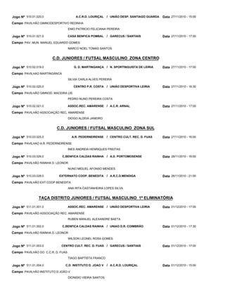C.D. JUNIORES / FUTSAL MASCULINO ZONA CENTRO
C.D. JUNIORES / FUTSAL MASCULINO ZONA SUL
TAÇA DISTRITO JUNIORES / FUTSAL MASCULINO 1ª ELIMINATÓRIA
A.C.R.D. LOURIÇAL
CASA BENFICA POMBAL
G. D. MARTINGANÇA
CENTRO P.R. COSTA
ASSOC.REC. AMARENSE
A.R. PEDERNEIRENSE
C.BENFICA CALDAS RAINHA
EXTERNATO COOP. BENEDITA
ASSOC.REC. AMARENSE
C.BENFICA CALDAS RAINHA
CENTRO CULT. REC. D. FUAS
C.D. INSTITUTO D. JOAO V
UNIÃO DESP. SANTIAGO GUARDA
GARECUS / SANTIAIS
N. SPORTINGUISTA DE LEIRIA
UNIÃO DESPORTIVA LEIRIA
A.C.R. ARNAL
CENTRO CULT. REC. D. FUAS
A.D. PORTOMOSENSE
A.R.C.D.MENDIGA
UNIÃO DESPORTIVA LEIRIA
UNIAO D.R. COIMBRÃO
GARECUS / SANTIAIS
A.C.R.D. LOURIÇAL
/
/
/
/
/
/
/
/
/
/
/
/
Jogo Nº
Jogo Nº
Jogo Nº
Jogo Nº
Jogo Nº
Jogo Nº
Jogo Nº
Jogo Nº
Jogo Nº
Jogo Nº
Jogo Nº
Jogo Nº
510.01.020.0
510.01.021.0
510.02.019.0
510.02.020.0
510.02.021.0
510.03.025.0
510.03.026.0
510.03.028.0
511.01.001.0
511.01.002.0
511.01.003.0
511.01.004.0
27/11/2010 - 15:00
27/11/2010 - 17:00
27/11/2010 - 17:00
27/11/2010 - 16:30
27/11/2010 - 17:00
27/11/2010 - 16:00
28/11/2010 - 16:00
26/11/2010 - 21:00
01/12/2010 - 17:00
01/12/2010 - 17:30
01/12/2010 - 17:00
01/12/2010 - 15:00
Data
Data
Data
Data
Data
Data
Data
Data
Data
Data
Data
Data
PAVILHÃO GIMNODESPORTIVO REDINHA
PAV. MUN. MANUEL EDUARDO GOMES
PAVILHAO MARTINGANCA
PAVILHÃO GIMNOD. MACEIRA LIS
PAVILHÃO ASSOCIAÇÃO REC. AMARENSE
PAVILHAO A.R. PEDERNEIRENSE
PAVILHÃO RAINHA D. LEONOR
PAVILHÃO EXT COOP BENEDITA
PAVILHÃO ASSOCIAÇÃO REC. AMARENSE
PAVILHÃO RAINHA D. LEONOR
PAVILHÃO DO C.C.R. D. FUAS
PAVILHÃO INSTITUTO D JOÃO V
Campo
Campo
Campo
Campo
Campo
Campo
Campo
Campo
Campo
Campo
Campo
Campo
ENIO PATRICIO FELICIANA PEREIRA
MARCO NOEL TOMAS SANTOS
SILVIA CARLA ALVES PEREIRA
PEDRO NUNO PEREIRA COSTA
DIOGO ALDEIA JANEIRO
INES ANDREIA HENRIQUES FREITAS
NUNO MIGUEL AFONSO MENDES
ANA RITA CASTANHEIRA LOPES SILVA
RUBEN MANUEL ALEXANDRE BAETA
WILSON LEONEL ROSA GOMES
TIAGO BAPTISTA FRANCO
DIONISIO VIEIRA SANTOS
 