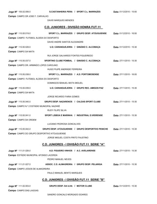C.D. JUNIORES - DIVISÃO HONRA FUT.11
C.D. JUNIORES - I DIVISÃO FUT.11 SERIE "A"
C.D. JUNIORES - I DIVISÃO FUT.11 SERIE "B"
S.CASTANHEIRA PERA
SPORT C.L. MARRAZES
U.D. CARANGUEJEIRA
SPORTING CLUBE POMBAL
SPORT C.L. MARRAZES
U.D. CARANGUEJEIRA
GRUPO DESP. NAZARENOS
SPORT LISBOA E MARINHA
GRUPO DESP. ATOUGUIENSE
A.D. FIGUEIRO VINHOS
ASSOC. C.D. ALMAGREIRA
GRUPO DESP. DA ILHA
SPORT C.L. MARRAZES
GRUPO DESP. ATOUGUIENSE
GINÁSIO C. ALCOBAÇA
GINÁSIO C. ALCOBAÇA
A.D. PORTOMOSENSE
GRUPO REC. AMIGOS PAZ
CALDAS SPORT CLUBE
INDUSTRIAL D.VIEIRENSE
GRUPO DESPORTIVO PENICHE
A.C. AVELARENSE
GRUPO DESP. PELARIGA
MOTOR CLUBE
/
/
/
/
/
/
/
/
/
/
/
/
Jogo Nº
Jogo Nº
Jogo Nº
Jogo Nº
Jogo Nº
Jogo Nº
Jogo Nº
Jogo Nº
Jogo Nº
Jogo Nº
Jogo Nº
Jogo Nº
105.02.006.0
110.00.019.0
110.00.026.0
110.00.037.0
110.00.038.0
110.00.039.0
110.00.040.0
110.00.041.0
110.00.042.0
111.01.026.0
111.01.027.0
111.02.003.0
01/12/2010 - 15:00
01/12/2010 - 16:00
01/12/2010 - 15:30
27/11/2010 - 15:30
27/11/2010 - 16:00
27/11/2010 - 15:30
27/11/2010 - 15:30
27/11/2010 - 15:30
27/11/2010 - 15:30
27/11/2010 - 15:30
27/11/2010 - 15:30
01/12/2010 - 15:30
Data
Data
Data
Data
Data
Data
Data
Data
Data
Data
Data
Data
CAMPO DR JOSE F. CARVALHO
CAMPO FUTEBOL ALDEIA DO DESPORTO
CAMPO DA MATA
CAMPO DR. ARMINDO LOPES CAROLINO
CAMPO FUTEBOL ALDEIA DO DESPORTO
CAMPO DA MATA
CAMPO N.º 2 ESTÁDIO MUNICIPAL NAZARÉ
CAMPO DA ORDEM
CAMPO DO GRUPO DESPORTIVO ATOUGUIENSE
ESTÁDIO MUNICIPAL AFONSO LACERDA
CAMPO JOGOS DE ALMAGREIRA
CAMPO DAS LAGOAS
Campo
Campo
Campo
Campo
Campo
Campo
Campo
Campo
Campo
Campo
Campo
Campo
DAVID MARQUES MENDES
DAVID ANDRE SANTOS ALEXANDRE
RUI JORGE GALHARDO FONTES FIGUEIREDO
HUGO FILIPE ANDRADE FERREIRA
DOMINGOS MANUEL MOTA MIGUEL
JORGE RICARDO FARIA GOMES
RUDY FILIPE SILVA
LUCIANO PEDROSA GONCALVES
JORGE MIGUEL COSTA PINTO FAUSTINO
PEDRO MANUEL NEVES
PAULO MANUEL BENTO MARQUES
SANDRO GONCALO MORGADO SOARES
 