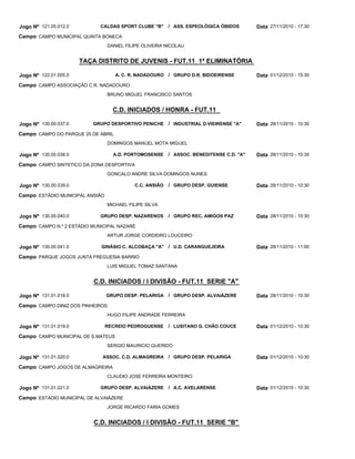 TAÇA DISTRITO DE JUVENIS - FUT.11 1ª ELIMINATÓRIA
C.D. INICIADOS / HONRA - FUT.11
C.D. INICIADOS / I DIVISÃO - FUT.11 SERIE "A"
C.D. INICIADOS / I DIVISÃO - FUT.11 SERIE "B"
CALDAS SPORT CLUBE "B"
A. C. R. NADADOURO
GRUPO DESPORTIVO PENICHE
A.D. PORTOMOSENSE
C.C. ANSIÃO
GRUPO DESP. NAZARENOS
GINÁSIO C. ALCOBAÇA "A"
GRUPO DESP. PELARIGA
RECREIO PEDROGUENSE
ASSOC. C.D. ALMAGREIRA
GRUPO DESP. ALVAIÁZERE
ASS. ESPEOLÓGICA ÓBIDOS
GRUPO D.R. BIDOEIRENSE
INDUSTRIAL D.VIEIRENSE "A"
ASSOC. BENEDITENSE C.D. "A"
GRUPO DESP. GUIENSE
GRUPO REC. AMIGOS PAZ
U.D. CARANGUEJEIRA
GRUPO DESP. ALVAIÁZERE
LUSITANO G. CHÃO COUCE
GRUPO DESP. PELARIGA
A.C. AVELARENSE
/
/
/
/
/
/
/
/
/
/
/
Jogo Nº
Jogo Nº
Jogo Nº
Jogo Nº
Jogo Nº
Jogo Nº
Jogo Nº
Jogo Nº
Jogo Nº
Jogo Nº
Jogo Nº
121.05.012.0
122.01.005.0
130.00.037.0
130.00.038.0
130.00.039.0
130.00.040.0
130.00.041.0
131.01.018.0
131.01.019.0
131.01.020.0
131.01.021.0
27/11/2010 - 17:30
01/12/2010 - 15:30
28/11/2010 - 10:30
28/11/2010 - 10:30
28/11/2010 - 10:30
28/11/2010 - 10:30
28/11/2010 - 11:00
28/11/2010 - 10:30
01/12/2010 - 10:30
01/12/2010 - 10:30
01/12/2010 - 10:30
Data
Data
Data
Data
Data
Data
Data
Data
Data
Data
Data
CAMPO MUNICIPAL QUINTA BONECA
CAMPO ASSOCIAÇÃO C.R. NADADOURO
CAMPO DO PARQUE 25 DE ABRIL
CAMPO SINTETICO DA ZONA DESPORTIVA
ESTÁDIO MUNICIPAL ANSIÃO
CAMPO N.º 2 ESTÁDIO MUNICIPAL NAZARÉ
PARQUE JOGOS JUNTA FREGUESIA BARRIO
CAMPO DINIZ DOS PINHEIROS
CAMPO MUNICIPAL DE S.MATEUS
CAMPO JOGOS DE ALMAGREIRA
ESTADIO MUNICIPAL DE ALVAIÁZERE
Campo
Campo
Campo
Campo
Campo
Campo
Campo
Campo
Campo
Campo
Campo
DANIEL FILIPE OLIVEIRA NICOLAU
BRUNO MIGUEL FRANCISCO SANTOS
DOMINGOS MANUEL MOTA MIGUEL
GONCALO ANDRE SILVA DOMINGOS NUNES
MICHAEL FILIPE SILVA
ARTUR JORGE CORDEIRO LOUCEIRO
LUIS MIGUEL TOMAZ SANTANA
HUGO FILIPE ANDRADE FERREIRA
SERGIO MAURICIO QUERIDO
CLAUDIO JOSE FERREIRA MONTEIRO
JORGE RICARDO FARIA GOMES
 