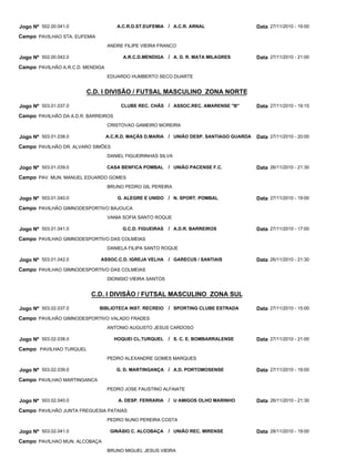 C.D. I DIVISÃO / FUTSAL MASCULINO ZONA NORTE
C.D. I DIVISÃO / FUTSAL MASCULINO ZONA SUL
A.C.R.D.ST.EUFEMIA
A.R.C.D.MENDIGA
CLUBE REC. CHÃS
A.C.R.D. MAÇÃS D.MARIA
CASA BENFICA POMBAL
G. ALEGRE E UNIDO
G.C.D. FIGUEIRAS
ASSOC.C.D. IGREJA VELHA
BIBLIOTECA INST. RECREIO
HOQUEI CL.TURQUEL
G. D. MARTINGANÇA
A. DESP. FERRARIA
GINÁSIO C. ALCOBAÇA
A.C.R. ARNAL
A. D. R. MATA MILAGRES
ASSOC.REC. AMARENSE "B"
UNIÃO DESP. SANTIAGO GUARDA
UNIÃO PACENSE F.C.
N. SPORT. POMBAL
A.D.R. BARREIROS
GARECUS / SANTIAIS
SPORTING CLUBE ESTRADA
S. C. E. BOMBARRALENSE
A.D. PORTOMOSENSE
U AMIGOS OLHO MARINHO
UNIÃO REC. MIRENSE
/
/
/
/
/
/
/
/
/
/
/
/
/
Jogo Nº
Jogo Nº
Jogo Nº
Jogo Nº
Jogo Nº
Jogo Nº
Jogo Nº
Jogo Nº
Jogo Nº
Jogo Nº
Jogo Nº
Jogo Nº
Jogo Nº
502.00.041.0
502.00.042.0
503.01.037.0
503.01.038.0
503.01.039.0
503.01.040.0
503.01.041.0
503.01.042.0
503.02.037.0
503.02.038.0
503.02.039.0
503.02.040.0
503.02.041.0
27/11/2010 - 19:00
27/11/2010 - 21:00
27/11/2010 - 19:15
27/11/2010 - 20:00
26/11/2010 - 21:30
27/11/2010 - 19:00
27/11/2010 - 17:00
26/11/2010 - 21:30
27/11/2010 - 15:00
27/11/2010 - 21:00
27/11/2010 - 19:00
26/11/2010 - 21:30
28/11/2010 - 19:00
Data
Data
Data
Data
Data
Data
Data
Data
Data
Data
Data
Data
Data
PAVILHAO STA. EUFEMIA
PAVILHÃO A.R.C.D. MENDIGA
PAVILHÃO DA A.D.R. BARREIROS
PAVILHÃO DR. ALVARO SIMÕES
PAV. MUN. MANUEL EDUARDO GOMES
PAVILHÃO GIMNODESPORTIVO BAJOUCA
PAVILHAO GIMNODESPORTIVO DAS COLMEIAS
PAVILHAO GIMNODESPORTIVO DAS COLMEIAS
PAVILHÃO GIMNODESPORTIVO VALADO FRADES
PAVILHAO TURQUEL
PAVILHAO MARTINGANCA
PAVILHÃO JUNTA FREGUESIA PATAIAS
PAVILHAO MUN. ALCOBAÇA
Campo
Campo
Campo
Campo
Campo
Campo
Campo
Campo
Campo
Campo
Campo
Campo
Campo
ANDRE FILIPE VIEIRA FRANCO
EDUARDO HUMBERTO SECO DUARTE
CRISTOVAO GAMEIRO MOREIRA
DANIEL FIGUEIRINHAS SILVA
BRUNO PEDRO GIL PEREIRA
VANIA SOFIA SANTO ROQUE
DANIELA FILIPA SANTO ROQUE
DIONISIO VIEIRA SANTOS
ANTONIO AUGUSTO JESUS CARDOSO
PEDRO ALEXANDRE GOMES MARQUES
PEDRO JOSE FAUSTINO ALFAIATE
PEDRO NUNO PEREIRA COSTA
BRUNO MIGUEL JESUS VIEIRA
 