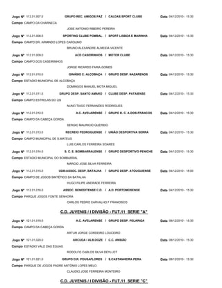 Jogo Nº 112.01.007.0           GRUPO REC. AMIGOS PAZ / CALDAS SPORT CLUBE             Data 04/12/2010 - 15:30
Campo CAMPO DA CHARNECA
                                 JOSE ANTONIO RIBEIRO PEREIRA

Jogo Nº 112.01.008.0          SPORTING CLUBE POMBAL      / SPORT LISBOA E MARINHA     Data 04/12/2010 - 15:30
Campo CAMPO DR. ARMINDO LOPES CAROLINO
                                 BRUNO ALEXANDRE ALMEIDA VICENTE

Jogo Nº 112.01.009.0                  ACD CASEIRINHOS / MOTOR CLUBE                   Data 04/12/2010 - 15:30
Campo CAMPO DOS CASEIRINHOS
                                 JORGE RICARDO FARIA GOMES

Jogo Nº 112.01.010.0              GINÁSIO C. ALCOBAÇA    / GRUPO DESP. NAZARENOS      Data 04/12/2010 - 15:30
Campo ESTADIO MUNICIPAL DE ALCOBAÇA
                                 DOMINGOS MANUEL MOTA MIGUEL

Jogo Nº 112.01.011.0      GRUPO DESP. SANTO AMARO        / CLUBE DESP. PATAIENSE      Data 04/12/2010 - 15:30
Campo CAMPO ESTRELAS DO LIS
                                 NUNO TIAGO FERNANDES RODRIGUES

Jogo Nº 112.01.012.0                  A.C. AVELARENSE / GRUPO D. C. A-DOS-FRANCOS     Data 04/12/2010 - 15:30
Campo CAMPO DA CABEÇA GORDA
                                 SERGIO MAURICIO QUERIDO

Jogo Nº 112.01.013.0            RECREIO PEDROGUENSE      / UNIÃO DESPORTIVA SERRA     Data 04/12/2010 - 15:30
Campo CAMPO MUNICIPAL DE S.MATEUS
                                 LUIS CARLOS FERREIRA SOARES

Jogo Nº 112.01.014.0           S. C. E. BOMBARRALENSE    / GRUPO DESPORTIVO PENICHE   Data 04/12/2010 - 15:30
Campo ESTADIO MUNICIPAL DO BOMBARRAL
                                 MARCIO JOSE SILVA FERREIRA

Jogo Nº 112.01.015.0      UDB-ASSOC. DESP. BATALHA       / GRUPO DESP. ATOUGUIENSE    Data 04/12/2010 - 18:00
Campo CAMPO DE JOGOS SINTÉTICO DA BATALHA
                                 HUGO FILIPE ANDRADE FERREIRA

Jogo Nº 112.01.016.0           ASSOC. BENEDITENSE C.D.   / A.D. PORTOMOSENSE          Data 04/12/2010 - 15:30
Campo PARQUE JOGOS FONTE SENHORA
                                 CARLOS PEDRO CARVALHO F FRANCISCO


                          C.D. JUVENIS / I DIVISÃO - FUT.11 SERIE "A"

Jogo Nº 121.01.019.0                  A.C. AVELARENSE / GRUPO DESP. PELARIGA          Data 08/12/2010 - 15:30
Campo CAMPO DA CABEÇA GORDA
                                 ARTUR JORGE CORDEIRO LOUCEIRO

Jogo Nº 121.01.020.0                ARCUDA / ALB.DOZE / C.C. ANSIÃO                   Data 08/12/2010 - 15:30
Campo ESTÁDIO VALE DAS ÉGUAS
                                 RODOLFO CARLOS SILVA DEYLLOT

Jogo Nº 121.01.021.0          GRUPO D.R. POUSAFLORES     / S.CASTANHEIRA PERA         Data 08/12/2010 - 15:30
Campo PARQUE DE JOGOS PADRE ANTÓNIO LOPES MELO
                                 CLAUDIO JOSE FERREIRA MONTEIRO


                          C.D. JUVENIS / I DIVISÃO - FUT.11 SERIE "C"
 