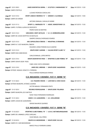 Jogo Nº 122.01.009.0         UNIÃO DESPORTIVA SERRA       / ATLÉTICO C. MARINHENSE "A"   Data 04/12/2010 - 15:30
Campo CAMPO PORTELA
                                LUCIANO PEDROSA GONCALVES

Jogo Nº 122.01.010.0      SPORT LISBOA E MARINHA "A" / GINÁSIO C. ALCOBAÇA               Data 04/12/2010 - 18:00
Campo CAMPO DA ORDEM
                                ANTONIO EMANUEL CARVALHO NOBRE

Jogo Nº 122.01.011.0         SPORT C.L. MARRAZES "B"      / ASSOC. BENEDITENSE C.D.      Data 04/12/2010 - 15:30
Campo CAMPO FUTEBOL ALDEIA DO DESPORTO
                                PEDRO NUNO SA MARTINS

Jogo Nº 122.01.012.0       UDB-ASSOC. DESP. BATALHA       / S. C. E. BOMBARRALENSE       Data 04/12/2010 - 15:30
Campo CAMPO DE JOGOS SINTÉTICO DA BATALHA
                                SANDRO GONCALO MORGADO SOARES

Jogo Nº 122.01.013.0        ASS. ESPEOLÓGICA ÓBIDOS / INDUSTRIAL D.VIEIRENSE             Data 04/12/2010 - 15:30
Campo CAMPO N.º 2 EST.MUNICIPAL ÓBIDOS
                                EDUARDO JORGE PEREIRA SILVA GASPAR

Jogo Nº 122.01.014.0            GRUPO DESP. GUIENSE / CALDAS SPORT CLUBE "A"             Data 04/12/2010 - 15:30
Campo CAMPO DAS CABECINHAS
                                CARLOS MANUEL LOPES BRITES

Jogo Nº 122.01.015.0         GRUPO DESPORTIVO PESO        / SPORTING CLUBE POMBAL "B"    Data 04/12/2010 - 15:30
Campo CAMPO GRUPO DESP. PESO
                                FABIO JOSE COSTA VERISSIMO

Jogo Nº 122.01.016.0               UNIÃO REC. MIRENSE / GRUPO DESP. NAZARENOS            Data 04/12/2010 - 15:30
Campo ESTÁDIO MANUEL DONATO S. FERREIRA
                                PAULO SERGIO RODRIGUES FERRAS


                           C.D. INICIADOS / I DIVISÃO - FUT.11 SERIE "A"

Jogo Nº 131.01.022.0               A.D. FIGUEIRO VINHOS   / LUSITANO G. CHÃO COUCE       Data 08/12/2010 - 10:30
Campo ESTÁDIO MUNICIPAL AFONSO LACERDA
                                VICTOR MANUEL FERNANDES PINTO

Jogo Nº 131.01.023.0           RECREIO PEDROGUENSE        / GRUPO DESP. PELARIGA         Data 08/12/2010 - 10:30
Campo CAMPO MUNICIPAL DE S.MATEUS
                                NUNO TIAGO FERNANDES RODRIGUES

Jogo Nº 131.01.024.0          ASSOC. C.D. ALMAGREIRA / A.C. AVELARENSE                   Data 08/12/2010 - 10:30
Campo CAMPO JOGOS DE ALMAGREIRA
                                SERGIO MAURICIO QUERIDO


                           C.D. INICIADOS / I DIVISÃO - FUT.11 SERIE "B"

Jogo Nº 131.02.022.0      SPORTING CLUBE POMBAL "B" / U.D.R.C. MATAMOURISQUENSE          Data 08/12/2010 - 10:30
Campo CAMPO DR. ARMINDO LOPES CAROLINO
                                HUGO MIGUEL VALA PIRES

Jogo Nº 131.02.023.0          GRUPO D.R. BIDOEIRENSE      / GRUPO DESP. DA ILHA          Data 08/12/2010 - 10:30
Campo CAMPO Nº 2 GDR BIDOEIRENSE
                                MARCO PAULO FERREIRA GOMES
 