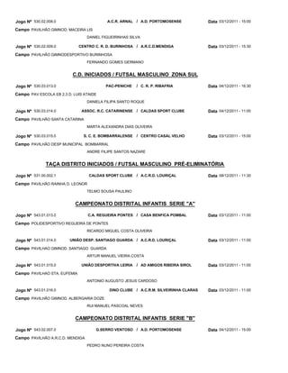 Jogo Nº 530.02.008.0                       A.C.R. ARNAL / A.D. PORTOMOSENSE            Data 03/12/2011 - 15:00
Campo PAVILHÃO GIMNOD. MACEIRA LIS
                                  DANIEL FIGUEIRINHAS SILVA

Jogo Nº 530.02.009.0          CENTRO C. R. D. BURINHOSA / A.R.C.D.MENDIGA              Data 03/12/2011 - 15:30
Campo PAVILHÃO GIMNODESPORTIVO BURINHOSA
                                  FERNANDO GOMES GERMANO


                          C.D. INICIADOS / FUTSAL MASCULINO ZONA SUL

Jogo Nº 530.03.013.0                      PAC-PENICHE    / C. R. P. RIBAFRIA           Data 04/12/2011 - 16:30
Campo PAV ESCOLA EB 2,3 D. LUIS ATAIDE
                                  DANIELA FILIPA SANTO ROQUE

Jogo Nº 530.03.014.0           ASSOC. R.C. CATARINENSE / CALDAS SPORT CLUBE            Data 04/12/2011 - 11:00
Campo PAVILHÃO SANTA CATARINA
                                  MARTA ALEXANDRA DIAS OLIVEIRA

Jogo Nº 530.03.015.0            S. C. E. BOMBARRALENSE   / CENTRO CASAL VELHO          Data 03/12/2011 - 15:00
Campo PAVILHÃO DESP MUNICIPAL BOMBARRAL
                                  ANDRE FILIPE SANTOS NAZARE


              TAÇA DISTRITO INICIADOS / FUTSAL MASCULINO PRÉ-ELIMINATÓRIA

Jogo Nº 531.00.002.1              CALDAS SPORT CLUBE     / A.C.R.D. LOURIÇAL           Data 08/12/2011 - 11:30
Campo PAVILHÃO RAINHA D. LEONOR
                                  TELMO SOUSA PAULINO


                            CAMPEONATO DISTRITAL INFANTIS SERIE "A"

Jogo Nº 543.01.013.0              C.A. REGUEIRA PONTES / CASA BENFICA POMBAL           Data 03/12/2011 - 11:00
Campo POLIDESPORTIVO REGUEIRA DE PONTES
                                  RICARDO MIGUEL COSTA OLIVEIRA

Jogo Nº 543.01.014.0     UNIÃO DESP. SANTIAGO GUARDA / A.C.R.D. LOURIÇAL               Data 03/12/2011 - 11:00
Campo PAVILHAO GIMNOD. SANTIAGO GUARDA
                                  ARTUR MANUEL VIEIRA COSTA

Jogo Nº 543.01.015.0           UNIÃO DESPORTIVA LEIRIA   / AD AMIGOS RIBEIRA SIROL     Data 03/12/2011 - 11:00
Campo PAVILHAO STA. EUFEMIA
                                  ANTONIO AUGUSTO JESUS CARDOSO

Jogo Nº 543.01.016.0                        DINO CLUBE / A.C.R.M. SILVEIRINHA CLARAS   Data 03/12/2011 - 11:00
Campo PAVILHÃO GIMNOD. ALBERGARIA DOZE
                                  RUI MANUEL PASCOAL NEVES


                            CAMPEONATO DISTRITAL INFANTIS SERIE "B"

Jogo Nº 543.02.007.0                  G.SERRO VENTOSO / A.D. PORTOMOSENSE              Data 04/12/2011 - 15:00
Campo PAVILHÃO A.R.C.D. MENDIGA
                                  PEDRO NUNO PEREIRA COSTA
 