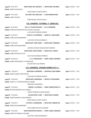 Jogo Nº 103.01.047.0      GRUPO DESP. REC. BOAVISTA       / GRUPO DESP. PELARIGA      Data 04/12/2011 - 15:00
Campo CAMPO DA BOAVISTA
                                 NUNO GONCALO SANTO CADETE

Jogo Nº 103.01.048.0          ASS. DESP. REC. MOITA BOI   / S.CASTANHEIRA PERA        Data 04/12/2011 - 15:00
Campo CAMPO GUARITA
                                 RUBEN MICAEL SANTOS CAPELA


                               C.D. I DIVISÃO - FUTEBOL 11 ZONA SUL

Jogo Nº 103.02.036.0        SOC. D. R. PILADO ESCOURA     / S.C.R. GAEIRENSE          Data 04/12/2011 - 15:00
Campo COMPLEXO DESPORTIVO REC PILADO E ESCOURA
                                 LUIS CARLOS FERREIRA SOARES

Jogo Nº 103.02.037.0            CLUBE D. R. OUTEIRENSE / UNIÃO R.D. JUNCALENSE        Data 04/12/2011 - 15:00
Campo CAMPO DAS CAMARNEIRAS
                                 LUIS FILIPE LOPES SACRAMENTO

Jogo Nº 103.02.038.0          GRUPO DESP. PRAIA VIEIRA    / GRUPO DESP. VIDREIROS     Data 04/12/2011 - 15:00
Campo CAMPO DOS PESCADORES
                                 QUINTINO ANTONIO FRAGOSO BENTO RIBEIRO

Jogo Nº 103.02.039.0       GRUPO DESP. SANTO AMARO        / GRUPO D.R.C. UNIDOS       Data 04/12/2011 - 15:00
Campo CAMPO ESTRELAS DO LIS
                                 HUGO FILIPE ANDRADE FERREIRA

Jogo Nº 103.02.040.0                A. C. R. NADADOURO / SPORT LISBOA E MARINHA       Data 04/12/2011 - 15:00
Campo CAMPO ASSOCIAÇÃO C.R. NADADOURO
                                 NELSON FILIPE VILA PEREIRA


                              C.D. JUNIORES - DIVISÃO HONRA FUT.11

Jogo Nº 110.00.043.0            INDUSTRIAL D.VIEIRENSE / SPORTING CLUBE POMBAL        Data 03/12/2011 - 15:30
Campo CAMPO ALBANO TOMÉ FETEIRA
                                 LUIS CARLOS FERREIRA SOARES

Jogo Nº 110.00.044.0          GRUPO DESP. NAZARENOS       / GRUPO D. ATOUGUIENSE      Data 03/12/2011 - 15:30
Campo CAMPO N.º 2 ESTÁDIO MUNICIPAL NAZARÉ
                                 SEBASTIEN VAN BRAEKEL

Jogo Nº 110.00.045.0              GINÁSIO C. ALCOBAÇA     / ASSOC. BENEDITENSE C.D.   Data 03/12/2011 - 15:30
Campo ESTADIO MUNICIPAL DE ALCOBAÇA
                                 CARLOS FERREIRA OLIVEIRA FRAZAO

Jogo Nº 110.00.046.0              CALDAS SPORT CLUBE      / GRUPO DESP. GUIENSE       Data 03/12/2011 - 15:30
Campo CAMPO MUNICIPAL QUINTA BONECA
                                 NUNO GONCALO SANTO CADETE

Jogo Nº 110.00.047.0           ATLÉTICO C. MARINHENSE     / GRUPO REC. AMIGOS PAZ     Data 03/12/2011 - 15:30
Campo CAMPO DAS CAMARNEIRAS
                                 DAVID ANDRE SANTOS ALEXANDRE

Jogo Nº 110.00.048.0      GRUPO DESPORTIVO PENICHE / SPORT LISBOA E MARINHA           Data 03/12/2011 - 15:30
Campo CAMPO DO PARQUE 25 DE ABRIL
                                 LUIS FILIPE LOPES SACRAMENTO
 