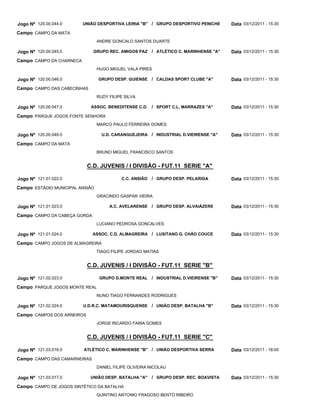 Jogo Nº 120.00.044.0      UNIÃO DESPORTIVA LEIRIA "B" / GRUPO DESPORTIVO PENICHE       Data 03/12/2011 - 15:30
Campo CAMPO DA MATA
                                 ANDRE GONCALO SANTOS DUARTE

Jogo Nº 120.00.045.0          GRUPO REC. AMIGOS PAZ / ATLÉTICO C. MARINHENSE "A"       Data 03/12/2011 - 15:30
Campo CAMPO DA CHARNECA
                                 HUGO MIGUEL VALA PIRES

Jogo Nº 120.00.046.0             GRUPO DESP. GUIENSE / CALDAS SPORT CLUBE "A"          Data 03/12/2011 - 15:30
Campo CAMPO DAS CABECINHAS
                                 RUDY FILIPE SILVA

Jogo Nº 120.00.047.0         ASSOC. BENEDITENSE C.D.     / SPORT C.L. MARRAZES "A"     Data 03/12/2011 - 15:30
Campo PARQUE JOGOS FONTE SENHORA
                                 MARCO PAULO FERREIRA GOMES

Jogo Nº 120.00.048.0               U.D. CARANGUEJEIRA / INDUSTRIAL D.VIEIRENSE "A"     Data 03/12/2011 - 15:30
Campo CAMPO DA MATA
                                 BRUNO MIGUEL FRANCISCO SANTOS


                            C.D. JUVENIS / I DIVISÃO - FUT.11 SERIE "A"

Jogo Nº 121.01.022.0                       C.C. ANSIÃO   / GRUPO DESP. PELARIGA        Data 03/12/2011 - 15:30
Campo ESTÁDIO MUNICIPAL ANSIÃO
                                 GRACINDO GASPAR VIEIRA

Jogo Nº 121.01.023.0                  A.C. AVELARENSE / GRUPO DESP. ALVAIÁZERE         Data 03/12/2011 - 15:30
Campo CAMPO DA CABEÇA GORDA
                                 LUCIANO PEDROSA GONCALVES

Jogo Nº 121.01.024.0          ASSOC. C.D. ALMAGREIRA / LUSITANO G. CHÃO COUCE          Data 03/12/2011 - 15:30
Campo CAMPO JOGOS DE ALMAGREIRA
                                 TIAGO FILIPE JORDAO MATIAS


                            C.D. JUVENIS / I DIVISÃO - FUT.11 SERIE "B"

Jogo Nº 121.02.023.0              GRUPO D.MONTE REAL / INDUSTRIAL D.VIEIRENSE "B"      Data 03/12/2011 - 15:30
Campo PARQUE JOGOS MONTE REAL
                                 NUNO TIAGO FERNANDES RODRIGUES

Jogo Nº 121.02.024.0      U.D.R.C. MATAMOURISQUENSE / UNIÃO DESP. BATALHA "B"          Data 03/12/2011 - 15:30
Campo CAMPOS DOS ARNEIROS
                                 JORGE RICARDO FARIA GOMES


                            C.D. JUVENIS / I DIVISÃO - FUT.11 SERIE "C"

Jogo Nº 121.03.016.0      ATLÉTICO C. MARINHENSE "B" / UNIÃO DESPORTIVA SERRA          Data 03/12/2011 - 18:00
Campo CAMPO DAS CAMARNEIRAS
                                 DANIEL FILIPE OLIVEIRA NICOLAU

Jogo Nº 121.03.017.0         UNIÃO DESP. BATALHA "A"     / GRUPO DESP. REC. BOAVISTA   Data 03/12/2011 - 15:30
Campo CAMPO DE JOGOS SINTÉTICO DA BATALHA
                                 QUINTINO ANTONIO FRAGOSO BENTO RIBEIRO
 