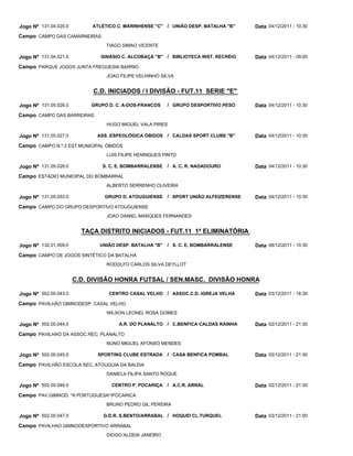 Jogo Nº 131.04.020.0        ATLÉTICO C. MARINHENSE "C" / UNIÃO DESP. BATALHA "B"      Data 04/12/2011 - 10:30
Campo CAMPO DAS CAMARNEIRAS
                                 TIAGO SIMAO VICENTE

Jogo Nº 131.04.021.0           GINÁSIO C. ALCOBAÇA "B" / BIBLIOTECA INST. RECREIO     Data 04/12/2011 - 09:00
Campo PARQUE JOGOS JUNTA FREGUESIA BARRIO
                                 JOAO FILIPE VELHINHO SILVA


                            C.D. INICIADOS / I DIVISÃO - FUT.11 SERIE "E"

Jogo Nº 131.05.026.0        GRUPO D. C. A-DOS-FRANCOS    / GRUPO DESPORTIVO PESO      Data 04/12/2011 - 10:30
Campo CAMPO DAS BARREIRAS
                                 HUGO MIGUEL VALA PIRES

Jogo Nº 131.05.027.0          ASS. ESPEOLÓGICA ÓBIDOS / CALDAS SPORT CLUBE "B"        Data 04/12/2011 - 10:30
Campo CAMPO N.º 2 EST.MUNICIPAL ÓBIDOS
                                 LUIS FILIPE HENRIQUES PINTO

Jogo Nº 131.05.028.0            S. C. E. BOMBARRALENSE   / A. C. R. NADADOURO         Data 04/12/2011 - 10:30
Campo ESTADIO MUNICIPAL DO BOMBARRAL
                                 ALBERTO SERRENHO OLIVEIRA

Jogo Nº 131.05.053.0            GRUPO D. ATOUGUIENSE     / SPORT UNIÃO ALFEIZERENSE   Data 04/12/2011 - 10:30
Campo CAMPO DO GRUPO DESPORTIVO ATOUGUIENSE
                                 JOAO DANIEL MARQUES FERNANDES


                         TAÇA DISTRITO INICIADOS - FUT.11 1ª ELIMINATÓRIA

Jogo Nº 132.01.009.0           UNIÃO DESP. BATALHA "B"   / S. C. E. BOMBARRALENSE     Data 08/12/2011 - 10:30
Campo CAMPO DE JOGOS SINTÉTICO DA BATALHA
                                 RODOLFO CARLOS SILVA DEYLLOT


                       C.D. DIVISÃO HONRA FUTSAL / SEN.MASC. DIVISÃO HONRA

Jogo Nº 502.00.043.0              CENTRO CASAL VELHO / ASSOC.C.D. IGREJA VELHA        Data 03/12/2011 - 18:30
Campo PAVILHÃO GIMNODESP. CASAL VELHO
                                 WILSON LEONEL ROSA GOMES

Jogo Nº 502.00.044.0                  A.R. DO PLANALTO / C.BENFICA CALDAS RAINHA      Data 02/12/2011 - 21:30
Campo PAVILHAO DA ASSOC.REC. PLANALTO
                                 NUNO MIGUEL AFONSO MENDES

Jogo Nº 502.00.045.0          SPORTING CLUBE ESTRADA     / CASA BENFICA POMBAL        Data 02/12/2011 - 21:30
Campo PAVILHÃO ESCOLA SEC. ATOUGUIA DA BALEIA
                                 DANIELA FILIPA SANTO ROQUE

Jogo Nº 502.00.046.0               CENTRO P. POCARIÇA    / A.C.R. ARNAL               Data 02/12/2011 - 21:30
Campo PAV.GIMNOD. "A PORTUGUESA"/POCARICA
                                 BRUNO PEDRO GIL PEREIRA

Jogo Nº 502.00.047.0            G.D.R. S.BENTO/ARRABAL / HOQUEI CL.TURQUEL            Data 03/12/2011 - 21:00
Campo PAVILHAO GIMNODESPORTIVO ARRABAL
                                 DIOGO ALDEIA JANEIRO
 