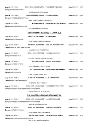 Jogo Nº 103.01.089.0      GRUPO DESP. REC. BOAVISTA    / GRUPO DESP. PELARIGA       Data 08/01/2011 - 18:30
Campo CAMPO DA BOAVISTA
                                JORGE RICARDO FARIA GOMES

Jogo Nº 103.01.090.0       ASSOCIAÇÃO DESP. RANHA      / A.C. AVELARENSE            Data 08/01/2011 - 20:00
Campo CAMPO DE JOGOS DA RANHA
                                NUNO TIAGO FERNANDES RODRIGUES

Jogo Nº 103.01.091.0                ACD CASEIRINHOS / GRUPO RECREATIVO MILAGRES     Data 09/01/2011 - 15:00
Campo CAMPO DOS CASEIRINHOS
                                PAULO FILIPE MARQUES PAPEL


                              C.D. I DIVISÃO - FUTEBOL 11 ZONA SUL

Jogo Nº 103.02.078.0           UNIÃO R.D. JUNCALENSE   / C.D. MOITENSE              Data 09/01/2011 - 15:00
Campo CAMPO DA PINHOCA
                                DAVID ANDRE SANTOS ALEXANDRE

Jogo Nº 103.02.079.0           INDUSTRIAL D.VIEIRENSE / SOC. D. R. PILADO ESCOURA   Data 09/01/2011 - 15:00
Campo CAMPO ALBANO TOMÉ FETEIRA
                                CARLOS MANUEL LOPES BRITES

Jogo Nº 103.02.080.0           GRUPO DESP. VIDREIROS   / GRUPO D.R.C. UNIDOS        Data 09/01/2011 - 15:00
Campo CAMPO DO TOJAL
                                ANTONIO EMANUEL CARVALHO NOBRE

Jogo Nº 103.02.081.0                A.C.R.MACEIRINHA / ÓBIDOS SPORT CLUBE           Data 09/01/2011 - 15:00
Campo CAMPO DO OUTEIRO
                                VALTER MANUEL JORGE OLIVEIRA

Jogo Nº 103.02.082.0              U.D. CARANGUEJEIRA / GRUPO DESP. SANTO AMARO      Data 09/01/2011 - 15:00
Campo CAMPO DA MATA
                                FABIO ANTONIO RAMOS PILO

Jogo Nº 103.02.083.0           CLUBE D. R. OUTEIRENSE / A. C. R. NADADOURO          Data 09/01/2011 - 15:00
Campo CAMPO DAS CAMARNEIRAS
                                JOAO FILIPE VELHINHO SILVA

Jogo Nº 103.02.084.0      GRUPO DESP. ATOUGUIENSE / GRUPO DESP. PRAIA VIEIRA        Data 09/01/2011 - 15:00
Campo CAMPO DO GRUPO DESPORTIVO ATOUGUIENSE
                                RODOLFO CARLOS SILVA DEYLLOT


                              C.D. JUNIORES - DIVISÃO HONRA FUT.11

Jogo Nº 110.00.055.0      GRUPO DESP. ATOUGUIENSE / A.D. PORTOMOSENSE               Data 08/01/2011 - 15:30
Campo CAMPO DO GRUPO DESPORTIVO ATOUGUIENSE
                                NELSON FILIPE VILA PEREIRA

Jogo Nº 110.00.056.0          GRUPO REC. AMIGOS PAZ / GINÁSIO C. ALCOBAÇA           Data 08/01/2011 - 15:30
Campo CAMPO DA CHARNECA
                                DAVID ANDRE SANTOS ALEXANDRE

Jogo Nº 110.00.057.0            CALDAS SPORT CLUBE     / SPORTING CLUBE POMBAL      Data 08/01/2011 - 15:30
Campo CAMPO MUNICIPAL QUINTA BONECA
                                LUIS FILIPE LOPES SACRAMENTO
 