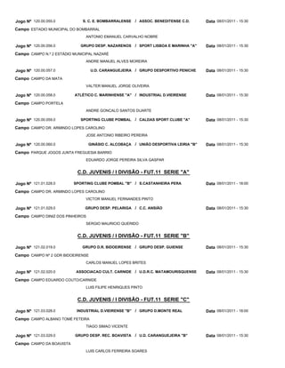 Jogo Nº 120.00.055.0          S. C. E. BOMBARRALENSE    / ASSOC. BENEDITENSE C.D.       Data 08/01/2011 - 15:30
Campo ESTADIO MUNICIPAL DO BOMBARRAL
                               ANTONIO EMANUEL CARVALHO NOBRE

Jogo Nº 120.00.056.0         GRUPO DESP. NAZARENOS      / SPORT LISBOA E MARINHA "A"    Data 08/01/2011 - 15:30
Campo CAMPO N.º 2 ESTÁDIO MUNICIPAL NAZARÉ
                               ANDRE MANUEL ALVES MOREIRA

Jogo Nº 120.00.057.0               U.D. CARANGUEJEIRA / GRUPO DESPORTIVO PENICHE        Data 08/01/2011 - 15:30
Campo CAMPO DA MATA
                               VALTER MANUEL JORGE OLIVEIRA

Jogo Nº 120.00.058.0      ATLÉTICO C. MARINHENSE "A" / INDUSTRIAL D.VIEIRENSE           Data 08/01/2011 - 15:30
Campo CAMPO PORTELA
                               ANDRE GONCALO SANTOS DUARTE

Jogo Nº 120.00.059.0         SPORTING CLUBE POMBAL      / CALDAS SPORT CLUBE "A"        Data 08/01/2011 - 15:30
Campo CAMPO DR. ARMINDO LOPES CAROLINO
                               JOSE ANTONIO RIBEIRO PEREIRA

Jogo Nº 120.00.060.0              GINÁSIO C. ALCOBAÇA   / UNIÃO DESPORTIVA LEIRIA "B"   Data 08/01/2011 - 15:30
Campo PARQUE JOGOS JUNTA FREGUESIA BARRIO
                               EDUARDO JORGE PEREIRA SILVA GASPAR


                           C.D. JUVENIS / I DIVISÃO - FUT.11 SERIE "A"

Jogo Nº 121.01.028.0      SPORTING CLUBE POMBAL "B" / S.CASTANHEIRA PERA                Data 08/01/2011 - 18:00
Campo CAMPO DR. ARMINDO LOPES CAROLINO
                               VICTOR MANUEL FERNANDES PINTO

Jogo Nº 121.01.029.0           GRUPO DESP. PELARIGA / C.C. ANSIÃO                       Data 08/01/2011 - 15:30
Campo CAMPO DINIZ DOS PINHEIROS
                               SERGIO MAURICIO QUERIDO


                           C.D. JUVENIS / I DIVISÃO - FUT.11 SERIE "B"

Jogo Nº 121.02.019.0          GRUPO D.R. BIDOEIRENSE    / GRUPO DESP. GUIENSE           Data 08/01/2011 - 15:30
Campo CAMPO Nº 2 GDR BIDOEIRENSE
                               CARLOS MANUEL LOPES BRITES

Jogo Nº 121.02.020.0       ASSOCIACAO CULT. CARNIDE / U.D.R.C. MATAMOURISQUENSE         Data 08/01/2011 - 15:30
Campo CAMPO EDUARDO COUTO/CARNIDE
                               LUIS FILIPE HENRIQUES PINTO


                           C.D. JUVENIS / I DIVISÃO - FUT.11 SERIE "C"

Jogo Nº 121.03.028.0       INDUSTRIAL D.VIEIRENSE "B"   / GRUPO D.MONTE REAL            Data 08/01/2011 - 18:00
Campo CAMPO ALBANO TOMÉ FETEIRA
                               TIAGO SIMAO VICENTE

Jogo Nº 121.03.029.0      GRUPO DESP. REC. BOAVISTA     / U.D. CARANGUEJEIRA "B"        Data 08/01/2011 - 15:30
Campo CAMPO DA BOAVISTA
                               LUIS CARLOS FERREIRA SOARES
 