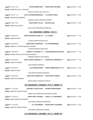 Jogo Nº 103.01.110.0              S.CASTANHEIRA PERA / GRUPO DESP. PELARIGA          Data 30/01/2011 - 15:00
Campo CAMPO DR JOSE F. CARVALHO
                                RODOLFO CARLOS SILVA DEYLLOT

Jogo Nº 103.01.111.0      U.D.R.C. MATAMOURISQUENSE / G. ALEGRE E UNIDO              Data 30/01/2011 - 15:00
Campo CAMPOS DOS ARNEIROS
                                SANDRO GONCALO MORGADO SOARES

Jogo Nº 103.01.112.0              GRUPO DESP. DA ILHA / MOTOR CLUBE                  Data 30/01/2011 - 15:00
Campo CAMPO DAS LAGOAS
                                NUNO TIAGO FERNANDES RODRIGUES


                                  C.D. INICIADOS / HONRA - FUT.11

Jogo Nº 130.00.073.0      UNIÃO DESPORTIVA LEIRIA "B" / C.C. ANSIÃO                  Data 29/01/2011 - 17:30
Campo CAMPO DA MATA
                                LUCIANO PEDROSA GONCALVES

Jogo Nº 130.00.074.0         GRUPO DESP. NAZARENOS     / A.D. PORTOMOSENSE           Data 30/01/2011 - 10:30
Campo CAMPO N.º 2 ESTÁDIO MUNICIPAL NAZARÉ
                                LUCIANO PEDROSA GONCALVES

Jogo Nº 130.00.075.0         GINÁSIO C. ALCOBAÇA "A" / GRUPO DESPORTIVO PENICHE      Data 30/01/2011 - 11:00
Campo PARQUE JOGOS JUNTA FREGUESIA BARRIO
                                DOMINGOS MANUEL MOTA MIGUEL

Jogo Nº 130.00.076.0      SPORT LISBOA E MARINHA "A" / INDUSTRIAL D.VIEIRENSE "A"    Data 30/01/2011 - 11:00
Campo CAMPO DA ORDEM
                                DAVID MARQUES MENDES

Jogo Nº 130.00.077.0              U.D. CARANGUEJEIRA / ASSOC. BENEDITENSE C.D. "A"   Data 30/01/2011 - 10:30
Campo CAMPO DA MATA
                                JOAO PEDRO RODRIGUES BRANCO

Jogo Nº 130.00.078.0           GRUPO REC. AMIGOS PAZ / GRUPO DESP. GUIENSE           Data 30/01/2011 - 10:30
Campo CAMPO DA CHARNECA
                                BRUNO MIGUEL FRANCISCO SANTOS


                          C.D. INICIADOS / I DIVISÃO - FUT.11 SERIE "A"

Jogo Nº 131.01.040.0         LUSITANO G. CHÃO COUCE    / RECREIO PEDROGUENSE         Data 30/01/2011 - 10:30
Campo CAMPO DR. ALBERTO REGO
                                DANIELA ALEXANDRA REAL MARQUES OLIVEIRA

Jogo Nº 131.01.041.0           GRUPO DESP. PELARIGA / ASSOC. C.D. ALMAGREIRA         Data 30/01/2011 - 10:30
Campo CAMPO DINIZ DOS PINHEIROS
                                JOAO DANIEL MARQUES FERNANDES

Jogo Nº 131.01.042.0                 A.C. AVELARENSE / GRUPO DESP. ALVAIÁZERE        Data 30/01/2011 - 10:30
Campo CAMPO DA CABEÇA GORDA
                                JONI DANIEL DOMINGUES CORREIA


                          C.D. INICIADOS / I DIVISÃO - FUT.11 SERIE "B"
 