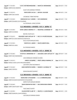 Jogo Nº 131.02.040.0     U.D.R.C. MATAMOURISQUENSE / GRUPO D.R. BIDOEIRENSE           Data 30/01/2011 - 10:30
Campo CAMPOS DOS ARNEIROS
                               HUGO FILIPE ANDRADE FERREIRA

Jogo Nº 131.02.041.0             GRUPO DESP. DA ILHA / ARCUDA / ALB.DOZE              Data 30/01/2011 - 10:30
Campo CAMPO DAS LAGOAS
                               LUIS MIGUEL TOMAZ SANTANA

Jogo Nº 131.02.042.0      ASSOCIACAO CULT. CARNIDE / ACD CASEIRINHOS                  Data 29/01/2011 - 17:00
Campo CAMPO EDUARDO COUTO/CARNIDE
                               VALTER MANUEL JORGE OLIVEIRA


                          C.D. INICIADOS / I DIVISÃO - FUT.11 SERIE "C"

Jogo Nº 131.03.040.0     SPORT LISBOA E MARINHA "C" / INDUSTRIAL D.VIEIRENSE "B"      Data 30/01/2011 - 09:00
Campo CAMPO DA ORDEM
                               MICHAEL FILIPE SILVA

Jogo Nº 131.03.041.0   UDB-ASSOC. DESP. BATALHA "B"    / SOC. D. R. PILADO ESCOURA    Data 30/01/2011 - 10:30
Campo CAMPO DE JOGOS SINTÉTICO DA BATALHA
                               PAULO FILIPE MARQUES PAPEL

Jogo Nº 131.03.042.0             GRUPO D.R.C. UNIDOS   / GRUPO D.MONTE REAL           Data 30/01/2011 - 10:30
Campo CAMPO DA LAGOA
                               ELIO PEDROSA SIMOES


                          C.D. INICIADOS / I DIVISÃO - FUT.11 SERIE "D"

Jogo Nº 131.04.040.0     ATLÉTICO C. MARINHENSE "B" / UDB-ASSOC. DESP. BATALHA "A"    Data 30/01/2011 - 10:30
Campo CAMPO DAS CAMARNEIRAS
                               JOAO HENRIQUES CARDOSO OLIVEIRA

Jogo Nº 131.04.041.0              UNIÃO R. DO BARRIO   / SPORT LISBOA E MARINHA "B"   Data 30/01/2011 - 09:00
Campo PARQUE JOGOS JUNTA FREGUESIA BARRIO
                               LUIS FILIPE LOPES SACRAMENTO

Jogo Nº 131.04.042.0         UNIÃO DESPORTIVA SERRA    / GINÁSIO C. ALCOBAÇA "B"      Data 30/01/2011 - 10:30
Campo CAMPO PORTELA
                               SERGIO MAURICIO QUERIDO


                          C.D. INICIADOS / I DIVISÃO - FUT.11 SERIE "E"

Jogo Nº 131.05.053.0        GRUPO DESP. ATOUGUIENSE / S. C. E. BOMBARRALENSE          Data 30/01/2011 - 10:30
Campo CAMPO DO GRUPO DESPORTIVO ATOUGUIENSE
                               ANDRE FILIPE MARQUES MENDES

Jogo Nº 131.05.054.0         GRUPO DESPORTIVO PESO     / ASS. ESPEOLÓGICA ÓBIDOS      Data 30/01/2011 - 10:30
Campo CAMPO GRUPO DESP. PESO
                               TIAGO SIMAO VICENTE

Jogo Nº 131.05.055.0         CALDAS SPORT CLUBE "B"    / GRUPO D. C. A-DOS-FRANCOS    Data 30/01/2011 - 10:30
Campo CAMPO MUNICIPAL QUINTA BONECA
                               LUIS CARLOS FERREIRA SOARES
 