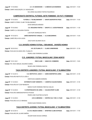 Jogo Nº 131.05.056.0                 A. C. R. NADADOURO / U AMIGOS OLHO MARINHO          Data 30/01/2011 - 10:30
Campo CAMPO ASSOCIAÇÃO C.R. NADADOURO
                                  RUI JORGE GALHARDO FONTES FIGUEIREDO


             CAMPEONATO DISTRITAL FUTEBOL SETE FEMININO CD FUT.7 FEMININO

Jogo Nº 707.00.005.0       FUTEBOL C. "OS BELENENSES"      / GRUPO DESPORTIVO PESO       Data 30/01/2011 - 15:30
Campo CAMPO FUTEBOL CLUBE "OS BELENENSES"
                                  DAVID MARQUES MENDES

Jogo Nº 707.00.006.0              C.A. REGUEIRA PONTES / GRUPO D. C. A-DOS-FRANCOS       Data 30/01/2011 - 11:00
Campo CAMPO C.A. REGUEIRA PONTES
                                  LUIS FILIPE HENRIQUES PINTO

Jogo Nº 707.00.007.0        UNIÃO DESPORTIVA TURQUEL / A.C.R.MACEIRINHA                  Data 30/01/2011 - 15:30
Campo CAMPO RELVA DA LAGOA
                                  JOAO FILIPE VELHINHO SILVA


                       C.D. DIVISÃO HONRA FUTSAL / SEN.MASC. DIVISÃO HONRA

Jogo Nº 502.00.034.2                  A.R. DO PLANALTO / CLUBE D.RIBEIRENSE              Data 28/01/2011 - 21:30
Campo PAVILHAO DA ASSOC.REC. PLANALTO
                                  PEDRO JOSE FERREIRA OLIVEIRA


                          C.D. JUNIORES / FUTSAL MASCULINO ZONA NORTE

Jogo Nº 510.01.022.1                        DINO CLUBE / UNIAO D.R. COIMBRÃO             Data 29/01/2011 - 19:00
Campo PAV. MUN. MANUEL EDUARDO GOMES
                                  SELMO JOSE FERREIRA SANTOS


                TAÇA DISTRITO JUNIORES / FUTSAL MASCULINO 2ª ELIMINATÓRIA

Jogo Nº 511.02.001.0            C.D. INSTITUTO D. JOAO V   / UNIÃO DESPORTIVA LEIRIA     Data 28/01/2011 - 21:00
Campo PAVILHÃO INSTITUTO D JOÃO V
                                  CRISTOVAO GAMEIRO MOREIRA

Jogo Nº 511.02.002.0        EXTERNATO COOP. BENEDITA       / C.BENFICA CALDAS RAINHA     Data 28/01/2011 - 21:00
Campo PAVILHÃO EXT COOP BENEDITA
                                  MARCO FILIPE FERREIRA FREITAS COELHO

Jogo Nº 511.02.003.0         N. SPORTINGUISTA DE LEIRIA    / CALDAS SPORT CLUBE          Data 29/01/2011 - 21:00
Campo PAVILHÃO GIMNODESPORTIVO POUSOS
                                  PEDRO JOSE FAUSTINO ALFAIATE

Jogo Nº 511.02.004.0                    A.R.C.D.MENDIGA    / CENTRO CULT. REC. D. FUAS   Data 28/01/2011 - 21:00
Campo PAVILHÃO A.R.C.D. MENDIGA
                                  PEDRO NUNO PEREIRA COSTA


                 TAÇA DISTRITO JUVENIS / FUTSAL MASCULINO 2.ª ELIMINATÓRIA

Jogo Nº 521.02.001.0              A.C.R.D. MAÇÃS D.MARIA / SPORTING CLUBE ESTRADA        Data 29/01/2011 - 17:00
Campo PAVILHÃO DR. ALVARO SIMÕES
                                  HELDER NUNO SOUSA CORREIA
 