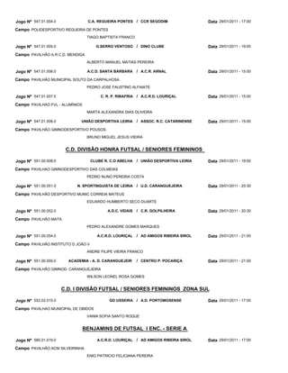 Jogo Nº 547.01.004.0              C.A. REGUEIRA PONTES / CCR SEGODIM                    Data 29/01/2011 - 17:00
Campo POLIDESPORTIVO REGUEIRA DE PONTES
                                  TIAGO BAPTISTA FRANCO

Jogo Nº 547.01.005.0                  G.SERRO VENTOSO / DINO CLUBE                      Data 29/01/2011 - 19:00
Campo PAVILHÃO A.R.C.D. MENDIGA
                                  ALBERTO MANUEL MATIAS PEREIRA

Jogo Nº 547.01.006.0              A.C.D. SANTA BÁRBARA      / A.C.R. ARNAL              Data 29/01/2011 - 15:00
Campo PAVILHÃO MUNICIPAL SOUTO DA CARPALHOSA
                                  PEDRO JOSE FAUSTINO ALFAIATE

Jogo Nº 547.01.007.0                    C. R. P. RIBAFRIA / A.C.R.D. LOURIÇAL           Data 29/01/2011 - 15:00
Campo PAVILHAO FVL - ALUMÍNIOS
                                  MARTA ALEXANDRA DIAS OLIVEIRA

Jogo Nº 547.01.008.0          UNIÃO DESPORTIVA LEIRIA       / ASSOC. R.C. CATARINENSE   Data 29/01/2011 - 15:00
Campo PAVILHÃO GIMNODESPORTIVO POUSOS
                                  BRUNO MIGUEL JESUS VIEIRA


                        C.D. DIVISÃO HONRA FUTSAL / SENIORES FEMININOS

Jogo Nº 551.00.008.0                CLUBE R. C.O ABELHA     / UNIÃO DESPORTIVA LEIRIA   Data 29/01/2011 - 19:00
Campo PAVILHAO GIMNODESPORTIVO DAS COLMEIAS
                                  PEDRO NUNO PEREIRA COSTA

Jogo Nº 551.00.051.0         N. SPORTINGUISTA DE LEIRIA     / U.D. CARANGUEJEIRA        Data 29/01/2011 - 20:30
Campo PAVILHÃO DESPORTIVO MUNIC CORREIA MATEUS
                                  EDUARDO HUMBERTO SECO DUARTE

Jogo Nº 551.00.052.0                        A.D.C. VIDAIS   / C.R. GOLPILHEIRA          Data 29/01/2011 - 20:30
Campo PAVILHÃO MATA
                                  PEDRO ALEXANDRE GOMES MARQUES

Jogo Nº 551.00.054.0                   A.C.R.D. LOURIÇAL    / AD AMIGOS RIBEIRA SIROL   Data 29/01/2011 - 21:00
Campo PAVILHÃO INSTITUTO D JOÃO V
                                  ANDRE FILIPE VIEIRA FRANCO

Jogo Nº 551.00.055.0     ACADEMIA - A. D. CARANGUEJEIR      / CENTRO P. POCARIÇA        Data 29/01/2011 - 21:00
Campo PAVILHÃO GIMNOD. CARANGUEJEIRA
                                  WILSON LEONEL ROSA GOMES


                       C.D. I DIVISÃO FUTSAL / SENIORES FEMININOS ZONA SUL

Jogo Nº 552.02.015.0                        GD USSEIRA / A.D. PORTOMOSENSE              Data 29/01/2011 - 17:00
Campo PAVILHAO MUNICIPAL DE OBIDOS
                                  VANIA SOFIA SANTO ROQUE


                                 BENJAMINS DE FUTSAL I ENC. - SERIE A

Jogo Nº 580.01.019.0                   A.C.R.D. LOURIÇAL    / AD AMIGOS RIBEIRA SIROL   Data 29/01/2011 - 17:00
Campo PAVILHÂO ACM SILVEIRINHA
                                  ENIO PATRICIO FELICIANA PEREIRA
 
