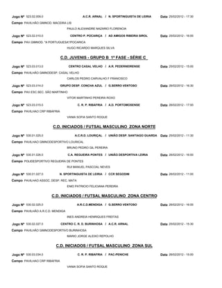 Jogo Nº 523.02.009.0                       A.C.R. ARNAL / N. SPORTINGUISTA DE LEIRIA      Data 25/02/2012 - 17:30
Campo PAVILHÃO GIMNOD. MACEIRA LIS
                                  PAULO ALEXANDRE NAZARIO FLORENCIA

Jogo Nº 523.02.010.0               CENTRO P. POCARIÇA     / AD AMIGOS RIBEIRA SIROL       Data 25/02/2012 - 16:00
Campo PAV.GIMNOD. "A PORTUGUESA"/POCARICA
                                  HUGO RICARDO MARQUES SILVA


                              C.D. JUVENIS - GRUPO B 1ª FASE - SÉRIE C

Jogo Nº 523.03.013.0              CENTRO CASAL VELHO / A.R. PEDERNEIRENSE                 Data 25/02/2012 - 15:00
Campo PAVILHÃO GIMNODESP. CASAL VELHO
                                  CARLOS PEDRO CARVALHO F FRANCISCO

Jogo Nº 523.03.014.0          GRUPO DESP. CONCHA AZUL / G.SERRO VENTOSO                   Data 26/02/2012 - 16:30
Campo PAV.ESC.SEC. SÃO MARTINHO
                                  VITOR MARTINHO PEREIRA ROXO

Jogo Nº 523.03.015.0                    C. R. P. RIBAFRIA / A.D. PORTOMOSENSE             Data 26/02/2012 - 17:00
Campo PAVILHAO CRP RIBAFRIA
                                  VANIA SOFIA SANTO ROQUE


                       C.D. INICIADOS / FUTSAL MASCULINO ZONA NORTE

Jogo Nº 530.01.025.0                  A.C.R.D. LOURIÇAL   / UNIÃO DESP. SANTIAGO GUARDA   Data 25/02/2012 - 11:30
Campo PAVILHAO GIMNODESPORTIVO LOURICAL
                                  BRUNO PEDRO GIL PEREIRA

Jogo Nº 530.01.026.0              C.A. REGUEIRA PONTES / UNIÃO DESPORTIVA LEIRIA          Data 26/02/2012 - 16:00
Campo POLIDESPORTIVO REGUEIRA DE PONTES
                                  RUI MANUEL PASCOAL NEVES

Jogo Nº 530.01.027.0       N. SPORTINGUISTA DE LEIRIA     / CCR SEGODIM                   Data 26/02/2012 - 11:00
Campo PAVILHAO ASSOC. DESP. REC. MATA
                                  ENIO PATRICIO FELICIANA PEREIRA


                       C.D. INICIADOS / FUTSAL MASCULINO ZONA CENTRO

Jogo Nº 530.02.025.0                    A.R.C.D.MENDIGA   / G.SERRO VENTOSO               Data 26/02/2012 - 16:00
Campo PAVILHÃO A.R.C.D. MENDIGA
                                  INES ANDREIA HENRIQUES FREITAS

Jogo Nº 530.02.027.0          CENTRO C. R. D. BURINHOSA / A.C.R. ARNAL                    Data 25/02/2012 - 15:30
Campo PAVILHÃO GIMNODESPORTIVO BURINHOSA
                                  MARIO JORGE ALEIXO REPOLHO


                         C.D. INICIADOS / FUTSAL MASCULINO ZONA SUL

Jogo Nº 530.03.034.0                    C. R. P. RIBAFRIA / PAC-PENICHE                   Data 26/02/2012 - 15:00
Campo PAVILHAO CRP RIBAFRIA
                                  VANIA SOFIA SANTO ROQUE
 