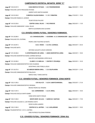 CAMPEONATO DISTRITAL INFANTIS SERIE "C"

Jogo Nº 543.03.037.0             CASA BENFICA PATAIAS / A.R. PEDERNEIRENSE              Data 26/02/2011 - 15:00
Campo PAVILHÃO JUNTA FREGUESIA PATAIAS
                                 ANDRE FILIPE SANTOS NAZARE

Jogo Nº 543.03.038.0          C.BENFICA CALDAS RAINHA      / C. R. P. RIBAFRIA          Data 27/02/2011 - 10:00
Campo PAVILHÃO RAINHA D. LEONOR
                                 TELMO SOUSA PAULINO

Jogo Nº 543.03.039.0              CENTRO CASAL VELHO / PAC-PENICHE                      Data 26/02/2011 - 11:00
Campo PAVILHÃO GIMNODESP. CASAL VELHO
                                 MARTA ALEXANDRA DIAS OLIVEIRA


                         C.D. DIVISÃO HONRA FUTSAL / SENIORES FEMININOS

Jogo Nº 551.00.066.0               U.D. CARANGUEJEIRA / ACADEMIA - A. D. CARANGUEJEIR   Data 26/02/2011 - 15:00
Campo PAVILHAO STA. EUFEMIA
                                 PEDRO JOSE FAUSTINO ALFAIATE

Jogo Nº 551.00.067.0                       A.D.C. VIDAIS   / A.C.R.D. LOURIÇAL          Data 26/02/2011 - 20:30
Campo PAVILHÃO MATA
                                 ANTONIO AUGUSTO JESUS CARDOSO

Jogo Nº 551.00.068.0         N. SPORTINGUISTA DE LEIRIA    / UNIÃO DESPORTIVA LEIRIA    Data 26/02/2011 - 18:00
Campo PAVILHÃO DESPORTIVO MUNIC CORREIA MATEUS
                                 ANA RITA CASTANHEIRA LOPES SILVA

Jogo Nº 551.00.069.0               CLUBE R. C.O ABELHA     / CENTRO P. POCARIÇA         Data 26/02/2011 - 16:30
Campo PAVILHAO GIMNODESPORTIVO DAS COLMEIAS
                                 AGOSTINHO JOSE PENELA JESUS

Jogo Nº 551.00.070.0           AD AMIGOS RIBEIRA SIROL     / C.R. GOLPILHEIRA           Data 26/02/2011 - 21:00
Campo PAVILHÃO GIMNODESPORTIVO BAJOUCA
                                 MARCO NOEL TOMAS SANTOS


                       C.D. I DIVISÃO FUTSAL / SENIORES FEMININOS ZONA NORTE

Jogo Nº 552.01.056.0                       CCR VILA CÃ     / G.D.R. S.BENTO/ARRABAL     Data 25/02/2011 - 21:30
Campo PAVILHÃO GIMNODESPORTIVO REDINHA
                                 BRUNO PEDRO GIL PEREIRA

Jogo Nº 552.01.057.0                 G.D. CARREIRENSE      / A.C.R. ARNAL               Data 26/02/2011 - 19:00
Campo PAVILHAO ESCOLA SANTA ISABEL
                                 VANIA SOFIA SANTO ROQUE

Jogo Nº 552.01.058.0               GRUPO DESP. DA ILHA / GARECUS / SANTIAIS             Data 26/02/2011 - 17:00
Campo PAVILHÃO COLEGIO D. LUIS PEREIRA COSTA
                                 DIOGO ALDEIA JANEIRO

Jogo Nº 552.01.060.0              CENTRO R.F.A. ANTÕES / A.C. AVELARENSE                Data 26/02/2011 - 19:00
Campo POLIDESPORTIVO C.R.F.A. ANTÕES
                                 ENIO PATRICIO FELICIANA PEREIRA


                        C.D. I DIVISÃO FUTSAL / SENIORES FEMININOS ZONA SUL
 