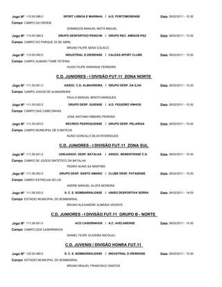 Jogo Nº 110.00.088.0          SPORT LISBOA E MARINHA / A.D. PORTOMOSENSE           Data 26/02/2011 - 15:30
Campo CAMPO DA ORDEM
                               DOMINGOS MANUEL MOTA MIGUEL

Jogo Nº 110.00.089.0      GRUPO DESPORTIVO PENICHE / GRUPO REC. AMIGOS PAZ         Data 26/02/2011 - 15:30
Campo CAMPO DO PARQUE 25 DE ABRIL
                               BRUNO FILIPE SENA COLACO

Jogo Nº 110.00.090.0           INDUSTRIAL D.VIEIRENSE / CALDAS SPORT CLUBE         Data 26/02/2011 - 15:30
Campo CAMPO ALBANO TOMÉ FETEIRA
                               HUGO FILIPE ANDRADE FERREIRA


                         C.D. JUNIORES - I DIVISÃO FUT.11 ZONA NORTE

Jogo Nº 111.05.001.0          ASSOC. C.D. ALMAGREIRA / GRUPO DESP. DA ILHA         Data 26/02/2011 - 15:30
Campo CAMPO JOGOS DE ALMAGREIRA
                               PAULO MANUEL BENTO MARQUES

Jogo Nº 111.05.002.0            GRUPO DESP. GUIENSE / A.D. FIGUEIRO VINHOS         Data 26/02/2011 - 15:30
Campo CAMPO DAS CABECINHAS
                               JOSE ANTONIO RIBEIRO PEREIRA

Jogo Nº 111.05.003.0           RECREIO PEDROGUENSE     / GRUPO DESP. PELARIGA      Data 26/02/2011 - 15:30
Campo CAMPO MUNICIPAL DE S.MATEUS
                               NUNO GONCALO SILVA RODRIGUES


                          C.D. JUNIORES - I DIVISÃO FUT.11 ZONA SUL

Jogo Nº 111.06.001.0      UDB-ASSOC. DESP. BATALHA     / ASSOC. BENEDITENSE C.D.   Data 26/02/2011 - 15:30
Campo CAMPO DE JOGOS SINTÉTICO DA BATALHA
                               PEDRO NUNO SA MARTINS

Jogo Nº 111.06.002.0      GRUPO DESP. SANTO AMARO      / CLUBE DESP. PATAIENSE     Data 26/02/2011 - 15:30
Campo CAMPO ESTRELAS DO LIS
                               ANDRE MANUEL ALVES MOREIRA

Jogo Nº 111.06.003.0          S. C. E. BOMBARRALENSE   / UNIÃO DESPORTIVA SERRA    Data 26/02/2011 - 18:00
Campo ESTADIO MUNICIPAL DO BOMBARRAL
                               BRUNO ALEXANDRE ALMEIDA VICENTE


                       C.D. JUNIORES - I DIVISÃO FUT.11 GRUPO B - NORTE

Jogo Nº 111.08.001.0                ACD CASEIRINHOS / A.C. AVELARENSE              Data 26/02/2011 - 15:30
Campo CAMPO DOS CASEIRINHOS
                               DANIEL FILIPE OLIVEIRA NICOLAU


                               C.D. JUVENIS / DIVISÃO HONRA FUT.11

Jogo Nº 120.00.085.0          S. C. E. BOMBARRALENSE   / INDUSTRIAL D.VIEIRENSE    Data 26/02/2011 - 15:30
Campo ESTADIO MUNICIPAL DO BOMBARRAL
                               BRUNO MIGUEL FRANCISCO SANTOS
 