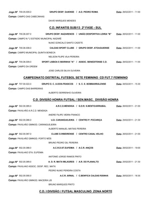 Jogo Nº 700.05.009.0               GRUPO DESP. GUIENSE / A.D. PEDRO ROMA                   Data 26/02/2011 - 11:00
Campo CAMPO DAS CABECINHAS
                                  DAVID MARQUES MENDES


                                  C.D. INFANTIS SUB/13 2ª FASE - SUL

Jogo Nº 700.06.007.0           GRUPO DESP. NAZARENOS       / UNIÃO DESPORTIVA LEIRIA "B"   Data 26/02/2011 - 11:00
Campo CAMPO N.º 2 ESTÁDIO MUNICIPAL NAZARÉ
                                  NUNO GONCALO SANTO CADETE

Jogo Nº 700.06.008.0               CALDAS SPORT CLUBE      / GRUPO DESP. ATOUGUIENSE       Data 26/02/2011 - 11:00
Campo CAMPO MUNICIPAL QUINTA BONECA
                                  NELSON FILIPE VILA PEREIRA

Jogo Nº 700.06.009.0        SPORT LISBOA E MARINHA "A" / ASSOC. BENEDITENSE C.D.           Data 26/02/2011 - 11:00
Campo CAMPO DA ORDEM
                                  JOSE CARLOS SILVA OLIVEIRA


             CAMPEONATO DISTRITAL FUTEBOL SETE FEMININO CD FUT.7 FEMININO

Jogo Nº 707.00.022.0        GRUPO D. C. A-DOS-FRANCOS      / S. C. E. BOMBARRALENSE        Data 26/02/2011 - 15:30
Campo CAMPO DAS BARREIRAS
                                  ALBERTO SERRENHO OLIVEIRA


                       C.D. DIVISÃO HONRA FUTSAL / SEN.MASC. DIVISÃO HONRA

Jogo Nº 502.00.085.0                    A.R.C.D.MENDIGA    / G.D.R. S.BENTO/ARRABAL        Data 26/02/2011 - 21:00
Campo PAVILHÃO A.R.C.D. MENDIGA
                                  ANDRE FILIPE VIEIRA FRANCO

Jogo Nº 502.00.086.0                U.D. CARANGUEJEIRA / CENTRO P. POCARIÇA                Data 25/02/2011 - 21:30
Campo PAVILHÃO GIMNOD. CARANGUEJEIRA
                                  ALBERTO MANUEL MATIAS PEREIRA

Jogo Nº 502.00.087.0                CLUBE D.RIBEIRENSE     / CENTRO CASAL VELHO            Data 26/02/2011 - 21:00
Campo PAVILHÃO GIMNOD. PORTO MÓS
                                  BRUNO PEDRO GIL PEREIRA

Jogo Nº 502.00.088.0                  A.C.R.D.ST.EUFEMIA / A.C.R. ANÇOS                    Data 26/02/2011 - 19:00
Campo PAVILHAO STA. EUFEMIA
                                  ANTONIO JORGE RAMOS PINTO

Jogo Nº 502.00.089.0              A. D. R. MATA MILAGRES   / A.R. DO PLANALTO              Data 25/02/2011 - 21:30
Campo PAVILHAO ASSOC. DESP. REC. MATA
                                  PEDRO NUNO PEREIRA COSTA

Jogo Nº 502.00.090.0                       A.C.R. ARNAL / C.BENFICA CALDAS RAINHA          Data 26/02/2011 - 18:30
Campo PAVILHÃO GIMNOD. MACEIRA LIS
                                  BRUNO MARQUES PINTO


                          C.D. I DIVISÃO / FUTSAL MASCULINO ZONA NORTE
 