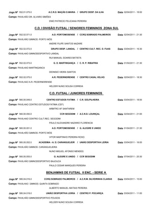 Jogo Nº 552.01.075.0            A.C.R.D. MAÇÃS D.MARIA / GRUPO DESP. DA ILHA            Data 02/04/2011 - 18:00
Campo PAVILHÃO DR. ALVARO SIMÕES
                                 ENIO PATRICIO FELICIANA PEREIRA


                       C.D. I DIVISÃO FUTSAL / SENIORES FEMININOS ZONA SUL

Jogo Nº 552.02.071.0               A.D. PORTOMOSENSE      / CCRQ SOBRADO PALMEIROS      Data 02/04/2011 - 21:30
Campo PAVILHÃO GIMNOD. PORTO MÓS
                                 ANDRE FILIPE SANTOS NAZARE

Jogo Nº 552.02.072.0               GRUPO DESP. LANDAL     / CENTRO CULT. REC. D. FUAS   Data 03/04/2011 - 16:30
Campo PAVILHAO GIMNODESPORTIVO LANDAL
                                 RUI MANUEL SOARES BATISTA

Jogo Nº 552.02.073.0                G. D. MARTINGANÇA / C. R. P. RIBAFRIA               Data 01/04/2011 - 21:30
Campo PAVILHAO MARTINGANCA
                                 DIONISIO VIEIRA SANTOS

Jogo Nº 552.02.075.0               A.R. PEDERNEIRENSE     / CENTRO CASAL VELHO          Data 02/04/2011 - 18:30
Campo PAVILHAO A.R. PEDERNEIRENSE
                                 HELDER NUNO SOUSA CORREIA


                                 C.D. FUTSAL / JUNIORES FEMININOS

Jogo Nº 560.00.049.0           CENTRO ESTUDOS FATIMA      / C.R. GOLPILHEIRA            Data 03/04/2011 - 18:00
Campo PAVILHAO CENTRO ESTUDOS FATIMA (CEF)
                                 ARBITRO AF SANTAREM

Jogo Nº 560.00.050.0                      CCR SEGODIM / A.C.R.D. LOURIÇAL               Data 02/04/2011 - 21:00
Campo PAVILHAO CENTRO CULT.REC. SEGODIM
                                 PAULO ALEXANDRE NAZARIO FLORENCIA

Jogo Nº 560.00.051.0               A.D. PORTOMOSENSE      / G. ALEGRE E UNIDO           Data 01/04/2011 - 21:30
Campo PAVILHÃO GIMNOD. PORTO MÓS
                                 VITOR MARTINHO PEREIRA ROXO

Jogo Nº 560.00.052.0     ACADEMIA - A. D. CARANGUEJEIR    / UNIÃO DESPORTIVA LEIRIA     Data 03/04/2011 - 16:00
Campo PAVILHÃO GIMNOD. CARANGUEJEIRA
                                 NUNO MIGUEL AFONSO MENDES

Jogo Nº 560.00.055.0                 G. ALEGRE E UNIDO / CCR SEGODIM                    Data 07/04/2011 - 20:30
Campo PAVILHÃO GIMNODESPORTIVO BAJOUCA
                                 PAULO CESAR MARQUES PEREIRA


                              BENJAMINS DE FUTSAL II ENC. - SERIE A

Jogo Nº 580.04.016.0         CCRQ SOBRADO PALMEIROS / A.C.R.M. SILVEIRINHA CLARAS       Data 03/04/2011 - 15:00
Campo PAVILHAO GIMNOD. QUINTA SOBRADO
                                 ALBERTO MANUEL MATIAS PEREIRA

Jogo Nº 580.04.018.0          UNIÃO DESPORTIVA LEIRIA     / CENTRO P. POCARIÇA          Data 03/04/2011 - 11:00
Campo PAVILHÃO GIMNODESPORTIVO POUSOS
                                 HELDER NUNO SOUSA CORREIA
 