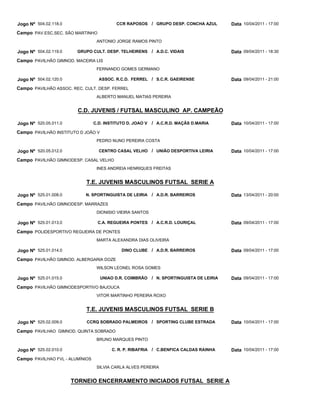 Jogo Nº 504.02.118.0                       CCR RAPOSOS / GRUPO DESP. CONCHA AZUL           Data 10/04/2011 - 17:00
Campo PAV.ESC.SEC. SÃO MARTINHO
                                  ANTONIO JORGE RAMOS PINTO

Jogo Nº 504.02.119.0    GRUPO CULT. DESP. TELHEIRENS        / A.D.C. VIDAIS                Data 09/04/2011 - 18:30
Campo PAVILHÃO GIMNOD. MACEIRA LIS
                                  FERNANDO GOMES GERMANO

Jogo Nº 504.02.120.0               ASSOC. R.C.D. FERREL / S.C.R. GAEIRENSE                 Data 09/04/2011 - 21:00
Campo PAVILHÃO ASSOC. REC. CULT. DESP. FERREL
                                  ALBERTO MANUEL MATIAS PEREIRA


                        C.D. JUVENIS / FUTSAL MASCULINO AP. CAMPEÃO

Jogo Nº 520.05.011.0             C.D. INSTITUTO D. JOAO V   / A.C.R.D. MAÇÃS D.MARIA       Data 10/04/2011 - 17:00
Campo PAVILHÃO INSTITUTO D JOÃO V
                                  PEDRO NUNO PEREIRA COSTA

Jogo Nº 520.05.012.0               CENTRO CASAL VELHO / UNIÃO DESPORTIVA LEIRIA            Data 10/04/2011 - 17:00
Campo PAVILHÃO GIMNODESP. CASAL VELHO
                                  INES ANDREIA HENRIQUES FREITAS


                            T.E. JUVENIS MASCULINOS FUTSAL SERIE A

Jogo Nº 525.01.008.0       N. SPORTINGUISTA DE LEIRIA       / A.D.R. BARREIROS             Data 13/04/2011 - 20:00
Campo PAVILHÃO GIMNODESP. MARRAZES
                                  DIONISIO VIEIRA SANTOS

Jogo Nº 525.01.013.0              C.A. REGUEIRA PONTES / A.C.R.D. LOURIÇAL                 Data 09/04/2011 - 17:00
Campo POLIDESPORTIVO REGUEIRA DE PONTES
                                  MARTA ALEXANDRA DIAS OLIVEIRA

Jogo Nº 525.01.014.0                         DINO CLUBE / A.D.R. BARREIROS                 Data 09/04/2011 - 17:00
Campo PAVILHÃO GIMNOD. ALBERGARIA DOZE
                                  WILSON LEONEL ROSA GOMES

Jogo Nº 525.01.015.0                UNIAO D.R. COIMBRÃO     / N. SPORTINGUISTA DE LEIRIA   Data 09/04/2011 - 17:00
Campo PAVILHÃO GIMNODESPORTIVO BAJOUCA
                                  VITOR MARTINHO PEREIRA ROXO


                            T.E. JUVENIS MASCULINOS FUTSAL SERIE B

Jogo Nº 525.02.009.0        CCRQ SOBRADO PALMEIROS / SPORTING CLUBE ESTRADA                Data 10/04/2011 - 17:00
Campo PAVILHAO GIMNOD. QUINTA SOBRADO
                                  BRUNO MARQUES PINTO

Jogo Nº 525.02.010.0                     C. R. P. RIBAFRIA / C.BENFICA CALDAS RAINHA       Data 10/04/2011 - 17:00
Campo PAVILHAO FVL - ALUMÍNIOS
                                  SILVIA CARLA ALVES PEREIRA


                       TORNEIO ENCERRAMENTO INICIADOS FUTSAL SERIE A
 