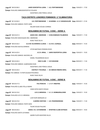 Jogo Nº 560.00.056.0         UNIÃO DESPORTIVA LEIRIA       / A.D. PORTOMOSENSE               Data 10/04/2011 - 17:00
Campo PAVILHÃO GIMNODESPORTIVO POUSOS
                                  AGOSTINHO JOSE PENELA JESUS


                       TAÇA DISTRITO JUNIORES FEMININOS 2.ª ELIMINATORIA

Jogo Nº 561.02.002.0                A.D. PORTOMOSENSE      / ACADEMIA - A. D. CARANGUEJEIR Data 08/04/2011 - 21:00
Campo PAVILHÃO GIMNOD. PORTO MÓS
                                  HELDER NUNO SOUSA CORREIA


                             BENJAMINS DE FUTSAL II ENC. - SERIE A

Jogo Nº 580.04.021.0              ASSOC.REC. AMARENSE / CCRQ SOBRADO PALMEIROS               Data 10/04/2011 - 11:00
Campo PAVILHÃO ASSOCIAÇÃO REC. AMARENSE
                                  NUNO TIAGO SILVA

Jogo Nº 580.04.022.0       A.C.R.M. SILVEIRINHA CLARAS     / A.C.R.D. LOURIÇAL               Data 09/04/2011 - 14:30
Campo PAVILHÂO ACM SILVEIRINHA
                                  VITOR MARTINHO PEREIRA ROXO

Jogo Nº 580.04.023.0                       A.C.R. ARNAL / UNIÃO DESPORTIVA LEIRIA            Data 10/04/2011 - 15:00
Campo PAVILHÃO GIMNOD. MACEIRA LIS
                                  DANIEL FIGUEIRINHAS SILVA

Jogo Nº 580.04.024.0                        DINO CLUBE / CCR SEGODIM                         Data 09/04/2011 - 11:00
Campo PAVILHÃO GIMNOD. ALBERGARIA DOZE
                                  AGOSTINHO JOSE PENELA JESUS

Jogo Nº 580.04.025.0               CENTRO P. POCARIÇA      / AD AMIGOS RIBEIRA SIROL         Data 09/04/2011 - 11:30
Campo PAV.GIMNOD. "A PORTUGUESA"/POCARICA
                                  NUNO TIAGO SILVA


                             BENJAMINS DE FUTSAL II ENC. - SERIE B

Jogo Nº 580.05.017.0                      PAC-PENICHE      / C. R. P. RIBAFRIA               Data 10/04/2011 - 15:30
Campo PAVILHÃO CLUBE STELLA MARIS
                                  VANIA SOFIA SANTO ROQUE

Jogo Nº 580.05.018.0                    A.R.C.D.MENDIGA    / S. C. E. BOMBARRALENSE          Data 10/04/2011 - 15:30
Campo PAVILHÃO A.R.C.D. MENDIGA
                                  LUIS FILIPE MARQUES LE

Jogo Nº 580.05.019.0                  G.SERRO VENTOSO / A.R. PEDERNEIRENSE                   Data 10/04/2011 - 11:00
Campo PAVILHÃO GIMNOD. PORTO MÓS
                                  TELMO SOUSA PAULINO

Jogo Nº 580.05.020.0         ASSOC. R.C. CATARINENSE / SPORTING CLUBE ESTRADA                Data 09/04/2011 - 16:00
Campo PAVILHÃO SANTA CATARINA
                                  ANDRE FILIPE MONTEIRO SILVA
 