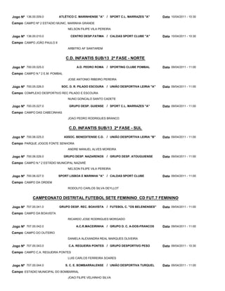 Jogo Nº 136.00.009.0        ATLÉTICO C. MARINHENSE "A" / SPORT C.L. MARRAZES "A"          Data 10/04/2011 - 10:30
Campo CAMPO Nº 2 ESTADIO MUNIC. MARINHA GRANDE
                                  NELSON FILIPE VILA PEREIRA

Jogo Nº 136.00.010.0               CENTRO DESP.FATIMA / CALDAS SPORT CLUBE "A"            Data 10/04/2011 - 10:30
Campo CAMPO JOÃO PAULO II
                                  ARBITRO AF SANTAREM


                                 C.D. INFANTIS SUB/13 2ª FASE - NORTE

Jogo Nº 700.05.025.0                   A.D. PEDRO ROMA    / SPORTING CLUBE POMBAL         Data 09/04/2011 - 11:00
Campo CAMPO N.º 2 E.M. POMBAL
                                  JOSE ANTONIO RIBEIRO PEREIRA

Jogo Nº 700.05.026.0         SOC. D. R. PILADO ESCOURA    / UNIÃO DESPORTIVA LEIRIA "A"   Data 09/04/2011 - 11:00
Campo COMPLEXO DESPORTIVO REC PILADO E ESCOURA
                                  NUNO GONCALO SANTO CADETE

Jogo Nº 700.05.027.0               GRUPO DESP. GUIENSE / SPORT C.L. MARRAZES "A"          Data 09/04/2011 - 11:00
Campo CAMPO DAS CABECINHAS
                                  JOAO PEDRO RODRIGUES BRANCO


                                  C.D. INFANTIS SUB/13 2ª FASE - SUL

Jogo Nº 700.06.025.0            ASSOC. BENEDITENSE C.D.   / UNIÃO DESPORTIVA LEIRIA "B"   Data 09/04/2011 - 11:00
Campo PARQUE JOGOS FONTE SENHORA
                                  ANDRE MANUEL ALVES MOREIRA

Jogo Nº 700.06.026.0            GRUPO DESP. NAZARENOS     / GRUPO DESP. ATOUGUIENSE       Data 09/04/2011 - 11:00
Campo CAMPO N.º 2 ESTÁDIO MUNICIPAL NAZARÉ
                                  NELSON FILIPE VILA PEREIRA

Jogo Nº 700.06.027.0        SPORT LISBOA E MARINHA "A" / CALDAS SPORT CLUBE               Data 09/04/2011 - 11:00
Campo CAMPO DA ORDEM
                                  RODOLFO CARLOS SILVA DEYLLOT


             CAMPEONATO DISTRITAL FUTEBOL SETE FEMININO CD FUT.7 FEMININO

Jogo Nº 707.00.041.0        GRUPO DESP. REC. BOAVISTA     / FUTEBOL C. "OS BELENENSES"    Data 09/04/2011 - 11:00
Campo CAMPO DA BOAVISTA
                                  RICARDO JOSE RODRIGUES MORGADO

Jogo Nº 707.00.042.0                   A.C.R.MACEIRINHA / GRUPO D. C. A-DOS-FRANCOS       Data 09/04/2011 - 11:00
Campo CAMPO DO OUTEIRO
                                  DANIELA ALEXANDRA REAL MARQUES OLIVEIRA

Jogo Nº 707.00.043.0              C.A. REGUEIRA PONTES / GRUPO DESPORTIVO PESO            Data 09/04/2011 - 10:30
Campo CAMPO C.A. REGUEIRA PONTES
                                  LUIS CARLOS FERREIRA SOARES

Jogo Nº 707.00.044.0            S. C. E. BOMBARRALENSE    / UNIÃO DESPORTIVA TURQUEL      Data 09/04/2011 - 11:00
Campo ESTADIO MUNICIPAL DO BOMBARRAL
                                  JOAO FILIPE VELHINHO SILVA
 