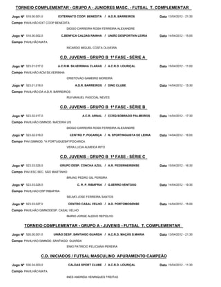 TORNEIO COMPLEMENTAR - GRUPO A - JUNIORES MASC. - FUTSAL T. COMPLEMENTAR

Jogo Nº 518.00.001.0      EXTERNATO COOP. BENEDITA       / A.D.R. BARREIROS             Data 13/04/2012 - 21:30
Campo PAVILHÃO EXT COOP BENEDITA
                                 DIOGO CARREIRA ROSA FERREIRA ALEXANDRE

Jogo Nº 518.00.002.0          C.BENFICA CALDAS RAINHA    / UNIÃO DESPORTIVA LEIRIA      Data 14/04/2012 - 15:00
Campo PAVILHÃO MATA
                                 RICARDO MIGUEL COSTA OLIVEIRA


                              C.D. JUVENIS - GRUPO B 1ª FASE - SÉRIE A

Jogo Nº 523.01.017.0      A.C.R.M. SILVEIRINHA CLARAS    / A.C.R.D. LOURIÇAL            Data 15/04/2012 - 11:00
Campo PAVILHÂO ACM SILVEIRINHA
                                 CRISTOVAO GAMEIRO MOREIRA

Jogo Nº 523.01.018.0                  A.D.R. BARREIROS   / DINO CLUBE                   Data 14/04/2012 - 15:30
Campo PAVILHÃO DA A.D.R. BARREIROS
                                 RUI MANUEL PASCOAL NEVES


                              C.D. JUVENIS - GRUPO B 1ª FASE - SÉRIE B

Jogo Nº 523.02.017.0                      A.C.R. ARNAL / CCRQ SOBRADO PALMEIROS         Data 14/04/2012 - 17:30
Campo PAVILHÃO GIMNOD. MACEIRA LIS
                                 DIOGO CARREIRA ROSA FERREIRA ALEXANDRE

Jogo Nº 523.02.018.0               CENTRO P. POCARIÇA    / N. SPORTINGUISTA DE LEIRIA   Data 14/04/2012 - 16:00
Campo PAV.GIMNOD. "A PORTUGUESA"/POCARICA
                                 VERA LUCIA ALMEIDA RITO


                              C.D. JUVENIS - GRUPO B 1ª FASE - SÉRIE C

Jogo Nº 523.03.025.0          GRUPO DESP. CONCHA AZUL / A.R. PEDERNEIRENSE              Data 15/04/2012 - 16:30
Campo PAV.ESC.SEC. SÃO MARTINHO
                                 BRUNO PEDRO GIL PEREIRA

Jogo Nº 523.03.026.0                   C. R. P. RIBAFRIA / G.SERRO VENTOSO              Data 14/04/2012 - 19:30
Campo PAVILHAO CRP RIBAFRIA
                                 SELMO JOSE FERREIRA SANTOS

Jogo Nº 523.03.027.0              CENTRO CASAL VELHO / A.D. PORTOMOSENSE                Data 14/04/2012 - 15:00
Campo PAVILHÃO GIMNODESP. CASAL VELHO
                                 MARIO JORGE ALEIXO REPOLHO


       TORNEIO COMPLEMENTAR - GRUPO A - JUVENIS - FUTSAL T. COMPLEMENTAR

Jogo Nº 526.00.001.0    UNIÃO DESP. SANTIAGO GUARDA / A.C.R.D. MAÇÃS D.MARIA            Data 13/04/2012 - 21:30
Campo PAVILHAO GIMNOD. SANTIAGO GUARDA
                                 ENIO PATRICIO FELICIANA PEREIRA


                  C.D. INICIADOS / FUTSAL MASCULINO APURAMENTO CAMPEÃO

Jogo Nº 530.04.003.0              CALDAS SPORT CLUBE     / A.C.R.D. LOURIÇAL            Data 15/04/2012 - 11:30
Campo PAVILHÃO MATA
                                 INES ANDREIA HENRIQUES FREITAS
 
