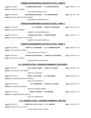 TORNEIO ENCERRAMENTO INFANTIS FUTSAL SERIE B

Jogo Nº 544.02.003.0           AD AMIGOS RIBEIRA SIROL      / C.A. REGUEIRA PONTES      Data 14/04/2012 - 11:00
Campo PAVILHAO STA. EUFEMIA
                                   HUGO RICARDO MARQUES SILVA

Jogo Nº 544.02.004.0          CCRQ SOBRADO PALMEIROS / A.R. PEDERNEIRENSE               Data 15/04/2012 - 15:00
Campo PAVILHAO GIMNOD. QUINTA SOBRADO
                                   INES ANDREIA HENRIQUES FREITAS


                         TORNEIO ENCERRAMENTO INFANTIS FUTSAL SERIE C

Jogo Nº 544.03.003.0                     C. R. P. RIBAFRIA / UNIÃO R.D. JUNCALENSE      Data 15/04/2012 - 15:00
Campo PAVILHAO CRP RIBAFRIA
                                   HUMBERTO ALEXANDRE MENDONCA

Jogo Nº 544.03.004.0                CENTRO CASAL VELHO / G.SERRO VENTOSO                Data 14/04/2012 - 11:30
Campo PAVILHÃO GIMNODESP. CASAL VELHO
                                   HUMBERTO ALEXANDRE MENDONCA


                         TORNEIO ENCERRAMENTO INFANTIS FUTSAL SÉRIE D

Jogo Nº 544.04.003.0           ASSOC. R.C. CATARINENSE / S. C. E. BOMBARRALENSE         Data 15/04/2012 - 10:30
Campo PAVILHÃO SANTA CATARINA
                                   MARIO JORGE ALEIXO REPOLHO

Jogo Nº 544.04.004.0          SPORTING CLUBE ESTRADA        / C.BENFICA CALDAS RAINHA   Data 15/04/2012 - 15:30
Campo PAVILHÃO S.C. ESTRADA
                                   ENIO PATRICIO FELICIANA PEREIRA


                       C.D. I DIVISÃO FUTSAL / SENIORES FEMININOS ZONA NORTE

Jogo Nº 552.01.041.0             A.C.R.D. MAÇÃS D.MARIA / CLUBE R. C.O ABELHA           Data 14/04/2012 - 18:00
Campo PAVILHÃO DR. ALVARO SIMÕES
                                   ANDRE COSTA MENESES

Jogo Nº 552.01.042.0               UNIÃO 21 - ASS JUVENIL   / A.C. AVELARENSE           Data 13/04/2012 - 21:30
Campo PAVILHÃO GIMNODESPORTIVO REDINHA
                                   VERA LUCIA ALMEIDA RITO

Jogo Nº 552.01.043.0                   G.D. CARREIRENSE     / CENTRO R.F.A. ANTÕES      Data 14/04/2012 - 19:00
Campo PAVILHÂO ACM SILVEIRINHA
                                   CRISTOVAO GAMEIRO MOREIRA

Jogo Nº 552.01.044.0                  GARECUS / SANTIAIS / CCR SEGODIM                  Data 15/04/2012 - 17:00
Campo PAV. GIMNODESPORTIVO SANTIAIS
                                   VERA LUCIA ALMEIDA RITO


                        C.D. I DIVISÃO FUTSAL / SENIORES FEMININOS ZONA SUL

Jogo Nº 552.02.041.0          CENTRO CULT. REC. D. FUAS / C. R. P. RIBAFRIA             Data 14/04/2012 - 21:30
Campo PAVILHÃO DO C.C.R. D. FUAS
                                   RICARDO MIGUEL COSTA OLIVEIRA
 