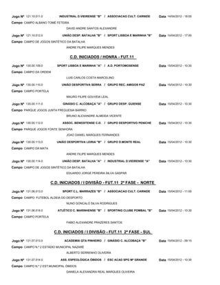 Jogo Nº 121.10.011.0       INDUSTRIAL D.VIEIRENSE "B"   / ASSOCIACAO CULT. CARNIDE     Data 14/04/2012 - 18:00
Campo CAMPO ALBANO TOMÉ FETEIRA
                                DAVID ANDRE SANTOS ALEXANDRE

Jogo Nº 121.10.012.0         UNIÃO DESP. BATALHA "B"    / SPORT LISBOA E MARINHA "B"   Data 14/04/2012 - 17:00
Campo CAMPO DE JOGOS SINTÉTICO DA BATALHA
                                ANDRE FILIPE MARQUES MENDES


                                  C.D. INICIADOS / HONRA - FUT.11

Jogo Nº 130.00.109.0      SPORT LISBOA E MARINHA "A" / A.D. PORTOMOSENSE               Data 15/04/2012 - 10:30
Campo CAMPO DA ORDEM
                                LUIS CARLOS COSTA MARCELINO

Jogo Nº 130.00.110.0         UNIÃO DESPORTIVA SERRA     / GRUPO REC. AMIGOS PAZ        Data 15/04/2012 - 10:30
Campo CAMPO PORTELA
                                MAURO FILIPE GOUVEIA LEAL

Jogo Nº 130.00.111.0          GINÁSIO C. ALCOBAÇA "A" / GRUPO DESP. GUIENSE            Data 15/04/2012 - 10:30
Campo PARQUE JOGOS JUNTA FREGUESIA BARRIO
                                BRUNO ALEXANDRE ALMEIDA VICENTE

Jogo Nº 130.00.112.0         ASSOC. BENEDITENSE C.D.    / GRUPO DESPORTIVO PENICHE     Data 15/04/2012 - 10:30
Campo PARQUE JOGOS FONTE SENHORA
                                JOAO DANIEL MARQUES FERNANDES

Jogo Nº 130.00.113.0      UNIÃO DESPORTIVA LEIRIA "B" / GRUPO D.MONTE REAL             Data 15/04/2012 - 10:30
Campo CAMPO DA MATA
                                ANDRE FILIPE MARQUES MENDES

Jogo Nº 130.00.114.0         UNIÃO DESP. BATALHA "A"    / INDUSTRIAL D.VIEIRENSE "A"   Data 15/04/2012 - 10:30
Campo CAMPO DE JOGOS SINTÉTICO DA BATALHA
                                EDUARDO JORGE PEREIRA SILVA GASPAR


                       C.D. INICIADOS / I DIVISÃO - FUT.11 2ª FASE - NORTE

Jogo Nº 131.06.013.0         SPORT C.L. MARRAZES "B"    / ASSOCIACAO CULT. CARNIDE     Data 15/04/2012 - 11:00
Campo CAMPO FUTEBOL ALDEIA DO DESPORTO
                                NUNO GONCALO SILVA RODRIGUES

Jogo Nº 131.06.014.0       ATLÉTICO C. MARINHENSE "B" / SPORTING CLUBE POMBAL "B"      Data 15/04/2012 - 10:30
Campo CAMPO PORTELA
                                FABIO ALEXANDRE PRAZERES SANTOS


                        C.D. INICIADOS / I DIVISÃO - FUT.11 2ª FASE - SUL

Jogo Nº 131.07.013.0          ACADEMIA QTA PINHEIRO / GINÁSIO C. ALCOBAÇA "B"          Data 15/04/2012 - 09:15
Campo CAMPO N.º 2 ESTÁDIO MUNICIPAL NAZARÉ
                                ALBERTO SERRENHO OLIVEIRA

Jogo Nº 131.07.014.0        ASS. ESPEOLÓGICA ÓBIDOS / ESC ACAD SPG Mª GRANDE           Data 15/04/2012 - 10:30
Campo CAMPO N.º 2 EST.MUNICIPAL ÓBIDOS
                                DANIELA ALEXANDRA REAL MARQUES OLIVEIRA
 