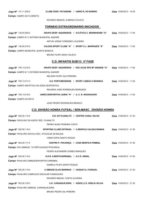 Jogo Nº 131.11.020.0            CLUBE DESP. PATAIENSE   / UNIÃO R. DO BARRIO           Data 15/04/2012 - 10:30
Campo CAMPO DA FLORESTA
                                 RICARDO MANUEL ALMEIDA COLACO


                                TORNEIO EXTRAORDINÁRIO INICIADOS

Jogo Nº 136.00.009.0           GRUPO DESP. NAZARENOS    / ATLÉTICO C. MARINHENSE "A"   Data 15/04/2012 - 11:00
Campo CAMPO N.º 2 ESTÁDIO MUNICIPAL NAZARÉ
                                 ARTUR JORGE CORDEIRO LOUCEIRO

Jogo Nº 136.00.010.0           CALDAS SPORT CLUBE "A"   / SPORT C.L. MARRAZES "A"      Data 15/04/2012 - 11:00
Campo CAMPO MUNICIPAL QUINTA BONECA
                                 BRUNO FILIPE SENA COLACO


                                     C.D. INFANTIS SUB/13 3ª FASE

Jogo Nº 700.13.016.0           GRUPO DESP. NAZARENOS    / ESC ACAD SPG Mª GRANDE "A"   Data 14/04/2012 - 11:00
Campo CAMPO N.º 2 ESTÁDIO MUNICIPAL NAZARÉ
                                 NELSON FILIPE VILA PEREIRA

Jogo Nº 700.13.017.0               A.D. PORTOMOSENSE    / SPORT LISBOA E MARINHA       Data 14/04/2012 - 11:00
Campo CAMPO SINTETICO DA ZONA DESPORTIVA
                                 RICARDO JOSE RODRIGUES MORGADO

Jogo Nº 700.13.018.0        UNIÃO DESPORTIVA LEIRIA "A" / A. C. R. NADADOURO           Data 14/04/2012 - 11:00
Campo CAMPO DA MATA
                                 JOAO PEDRO RODRIGUES BRANCO


                       C.D. DIVISÃO HONRA FUTSAL / SEN.MASC. DIVISÃO HONRA

Jogo Nº 502.00.115.0                  A.R. DO PLANALTO / CENTRO CASAL VELHO            Data 13/04/2012 - 21:30
Campo PAVILHAO DA ASSOC.REC. PLANALTO
                                 PEDRO NUNO PEREIRA COSTA

Jogo Nº 502.00.116.0          SPORTING CLUBE ESTRADA    / C.BENFICA CALDAS RAINHA      Data 13/04/2012 - 21:30
Campo PAVILHÃO ESCOLA SEC. ATOUGUIA DA BALEIA
                                 VANIA SOFIA SANTO ROQUE

Jogo Nº 502.00.117.0               CENTRO P. POCARIÇA   / CASA BENFICA POMBAL          Data 13/04/2012 - 21:30
Campo PAV.GIMNOD. "A PORTUGUESA"/POCARICA
                                 PEDRO ALEXANDRE GOMES MARQUES

Jogo Nº 502.00.118.0            G.D.R. S.BENTO/ARRABAL / A.C.R. ARNAL                  Data 14/04/2012 - 21:00
Campo PAVILHAO GIMNODESPORTIVO ARRABAL
                                 DANIELA FILIPA SANTO ROQUE

Jogo Nº 502.00.119.0           U AMIGOS OLHO MARINHO    / HOQUEI CL.TURQUEL            Data 13/04/2012 - 21:30
Campo PAVILHÃO COMPLEXO ESCOLAR FURADOURO
                                 RICARDO MIGUEL COSTA OLIVEIRA

Jogo Nº 502.00.120.0               U.D. CARANGUEJEIRA / ASSOC.C.D. IGREJA VELHA        Data 13/04/2012 - 21:30
Campo PAVILHÃO GIMNOD. CARANGUEJEIRA
                                 BRUNO PEDRO GIL PEREIRA
 