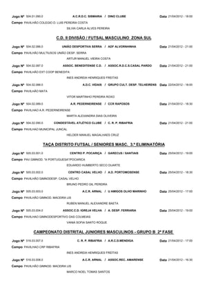 Jogo Nº 504.01.090.0                 A.C.R.D.C. SISMARIA / DINO CLUBE                       Data 21/04/2012 - 18:00
Campo PAVILHÃO COLEGIO D. LUIS PEREIRA COSTA
                                SILVIA CARLA ALVES PEREIRA


                         C.D. II DIVISÃO / FUTSAL MASCULINO ZONA SUL

Jogo Nº 504.02.086.0          UNIÃO DESPORTIVA SERRA       / ADF ALVORNHINHA                Data 21/04/2012 - 21:00
Campo PAVILHÃO MULTIUSOS UNIÃO DESP. SERRA
                                ARTUR MANUEL VIEIRA COSTA

Jogo Nº 504.02.087.0          ASSOC. BENEDITENSE C.D.      / ASSOC.R.D.C.S.CASAL PARDO      Data 21/04/2012 - 21:00
Campo PAVILHÃO EXT COOP BENEDITA
                                INES ANDREIA HENRIQUES FREITAS

Jogo Nº 504.02.088.0                       A.D.C. VIDAIS   / GRUPO CULT. DESP. TELHEIRENS Data 22/04/2012 - 18:00
Campo PAVILHÃO MATA
                                VITOR MARTINHO PEREIRA ROXO

Jogo Nº 504.02.089.0               A.R. PEDERNEIRENSE      / CCR RAPOSOS                    Data 21/04/2012 - 18:30
Campo PAVILHAO A.R. PEDERNEIRENSE
                                MARTA ALEXANDRA DIAS OLIVEIRA

Jogo Nº 504.02.090.0    CONDESTÁVEL ATLÉTICO CLUBE         / C. R. P. RIBAFRIA              Data 21/04/2012 - 21:00
Campo PAVILHAO MUNICIPAL JUNCAL
                                HELDER MANUEL MAGALHAES CRUZ


                   TAÇA DISTRITO FUTSAL / SENIORES MASC. 3.ª ELIMINATÓRIA

Jogo Nº 505.03.001.0               CENTRO P. POCARIÇA      / GARECUS / SANTIAIS             Data 25/04/2012 - 19:00
Campo PAV.GIMNOD. "A PORTUGUESA"/POCARICA
                                EDUARDO HUMBERTO SECO DUARTE

Jogo Nº 505.03.002.0              CENTRO CASAL VELHO / A.D. PORTOMOSENSE                    Data 25/04/2012 - 18:30
Campo PAVILHÃO GIMNODESP. CASAL VELHO
                                BRUNO PEDRO GIL PEREIRA

Jogo Nº 505.03.003.0                      A.C.R. ARNAL / U AMIGOS OLHO MARINHO              Data 25/04/2012 - 17:00
Campo PAVILHÃO GIMNOD. MACEIRA LIS
                                RUBEN MANUEL ALEXANDRE BAETA

Jogo Nº 505.03.004.0          ASSOC.C.D. IGREJA VELHA      / A. DESP. FERRARIA              Data 25/04/2012 - 19:00
Campo PAVILHAO GIMNODESPORTIVO DAS COLMEIAS
                                VANIA SOFIA SANTO ROQUE


             CAMPEONATO DISTRITAL JUNIORES MASCULINOS - GRUPO B 2ª FASE

Jogo Nº 516.03.007.0                   C. R. P. RIBAFRIA / A.R.C.D.MENDIGA                  Data 21/04/2012 - 17:00
Campo PAVILHAO CRP RIBAFRIA
                                INES ANDREIA HENRIQUES FREITAS

Jogo Nº 516.03.008.0                      A.C.R. ARNAL / ASSOC.REC. AMARENSE                Data 21/04/2012 - 16:30
Campo PAVILHÃO GIMNOD. MACEIRA LIS
                                MARCO NOEL TOMAS SANTOS
 