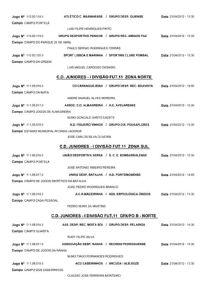 Jogo Nº 110.00.118.0          ATLÉTICO C. MARINHENSE     / GRUPO DESP. GUIENSE      Data 21/04/2012 - 15:30
Campo CAMPO PORTELA
                                LUIS FILIPE HENRIQUES PINTO

Jogo Nº 110.00.119.0       GRUPO DESPORTIVO PENICHE / GRUPO REC. AMIGOS PAZ         Data 21/04/2012 - 15:30
Campo CAMPO DO PARQUE 25 DE ABRIL
                                PAULO SERGIO RODRIGUES FERRAS

Jogo Nº 110.00.120.0          SPORT LISBOA E MARINHA / SPORTING CLUBE POMBAL        Data 21/04/2012 - 15:30
Campo CAMPO DA ORDEM
                                LUIS MIGUEL CARDOSO DIONISIO


                         C.D. JUNIORES - I DIVISÃO FUT.11 ZONA NORTE

Jogo Nº 111.05.016.0                CD CARANGUEJEIRA / GRUPO DESP. REC. BOAVISTA    Data 21/04/2012 - 18:00
Campo CAMPO DA MATA
                                ANDRE MANUEL ALVES MOREIRA

Jogo Nº 111.05.017.0          ASSOC. C.D. ALMAGREIRA / A.C. AVELARENSE              Data 21/04/2012 - 15:30
Campo CAMPO JOGOS DE ALMAGREIRA
                                NUNO GONCALO SANTO CADETE

Jogo Nº 111.05.018.0             A.D. FIGUEIRO VINHOS    / GRUPO D.R. POUSAFLORES   Data 21/04/2012 - 15:30
Campo ESTÁDIO MUNICIPAL AFONSO LACERDA
                                JOSE CARLOS SILVA OLIVEIRA


                           C.D. JUNIORES - I DIVISÃO FUT.11 ZONA SUL

Jogo Nº 111.06.016.0         UNIÃO DESPORTIVA SERRA      / S. C. E. BOMBARRALENSE   Data 21/04/2012 - 15:30
Campo CAMPO PORTELA
                                JOSE ANTONIO RIBEIRO PEREIRA

Jogo Nº 111.06.017.0             UNIÃO DESP. BATALHA     / A.D. PORTOMOSENSE        Data 21/04/2012 - 18:00
Campo CAMPO DE JOGOS SINTÉTICO DA BATALHA
                                JOAO PEDRO RODRIGUES BRANCO

Jogo Nº 111.06.018.0                 A.C.R.MACEIRINHA / ASS. ESPEOLÓGICA ÓBIDOS     Data 21/04/2012 - 15:30
Campo CAMPO CASA PESSOAL
                                PEDRO NUNO SA MARTINS


                       C.D. JUNIORES - I DIVISÃO FUT.11 GRUPO B - NORTE

Jogo Nº 111.08.016.0         ASS. DESP. REC. MOITA BOI   / GRUPO DESP. PELARIGA     Data 21/04/2012 - 15:30
Campo CAMPO GUARITA
                                RUDY FILIPE SILVA

Jogo Nº 111.08.017.0        ASSOCIAÇÃO DESP. RANHA       / RECREIO PEDROGUENSE      Data 21/04/2012 - 15:30
Campo CAMPO DE JOGOS DA RANHA
                                NUNO TIAGO FERNANDES RODRIGUES

Jogo Nº 111.08.018.0                 ACD CASEIRINHOS / ARCUDA / ALB.DOZE            Data 21/04/2012 - 15:30
Campo CAMPO DOS CASEIRINHOS
                                CLAUDIO JOSE FERREIRA MONTEIRO
 