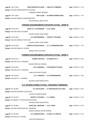 Jogo Nº 544.01.008.0          UNIÃO DESPORTIVA LEIRIA      / UNIAO D.R. COIMBRÃO       Data 18/04/2010 - 11:00
Campo PAVILHÃO GIMNODESPORTIVO POUSOS
                                  FERNANDO GOMES GERMANO

Jogo Nº 544.01.009.0                        DINO CLUBE / AD AMIGOS RIBEIRA SIROL       Data 17/04/2010 - 11:00
Campo PAVILHÃO GIMNOD. ALBERGARIA DOZE
                                  ARTUR MANUEL VIEIRA COSTA


                       TORNEIO ENCERRAMENTO INFANTIS FUTSAL SERIE B

Jogo Nº 544.02.007.0          ASSOC. R.C. CATARINENSE / A.C.R. ARNAL                   Data 18/04/2010 - 17:30
Campo PAVILHÃO SANTA CATARINA
                                  WILSON LEONEL ROSA GOMES

Jogo Nº 544.02.008.0                A.D. PORTOMOSENSE      / CENTRO P. POCARIÇA        Data 18/04/2010 - 15:00
Campo PAVILHÃO GIMNOD. PORTO MÓS
                                  WILSON LEONEL ROSA GOMES

Jogo Nº 544.02.009.0          C.BENFICA CALDAS RAINHA      / S. C. E. BOMBARRALENSE    Data 17/04/2010 - 11:00
Campo PAVILHÃO RAINHA D. LEONOR
                                  DANIELA PINTO COUTINHO


                       TORNEIO ENCERRAMENTO INFANTIS FUTSAL SERIE C

Jogo Nº 544.03.007.0                  G.SERRO VENTOSO / ALCOBERTAS F.C.                Data 18/04/2010 - 15:00
Campo PAVILHÃO A.R.C.D. MENDIGA
                                  BRUNO PEDRO GIL PEREIRA

Jogo Nº 544.03.008.0                    A.R.C.D.MENDIGA    / CASA BENFICA PATAIAS      Data 17/04/2010 - 16:00
Campo PAVILHÃO A.R.C.D. MENDIGA
                                  VANIA SOFIA SANTO ROQUE

Jogo Nº 544.03.009.0                    C. R. P. RIBAFRIA / A.R. PEDERNEIRENSE         Data 18/04/2010 - 16:30
Campo PAVILHAO FVL - ALUMÍNIOS
                                  ANTONIO JORGE RAMOS PINTO


                       C.D. DIVISÃO HONRA FUTSAL / SENIORES FEMININOS

Jogo Nº 551.00.086.0                   C.R. GOLPILHEIRA / N. SPORTINGUISTA DE LEIRIA   Data 17/04/2010 - 20:30
Campo PAVILHÃO MUNICIPAL DA BATALHA
                                  CLAUDIO TAVARES NAZARE

Jogo Nº 551.00.087.0               CENTRO P. POCARIÇA      / C.C. ANSIÃO               Data 17/04/2010 - 21:00
Campo PAV.GIMNOD. "A PORTUGUESA"/POCARICA
                                  ANTONIO JORGE RAMOS PINTO

Jogo Nº 551.00.088.0              ASSOC.REC. AMARENSE / A.D.C. VIDAIS                  Data 17/04/2010 - 21:00
Campo PAVILHÃO ASSOCIAÇÃO REC. AMARENSE
                                  ALBERTO MANUEL MATIAS PEREIRA

Jogo Nº 551.00.090.0                U.D. CARANGUEJEIRA / CLUBE R. C.O ABELHA           Data 17/04/2010 - 21:00
Campo PAVILHAO STA. EUFEMIA
                                  LUIS FILIPE MARQUES LE
 