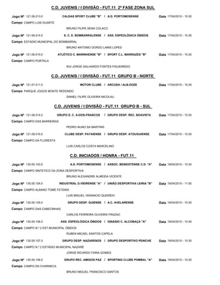 C.D. JUVENIS / I DIVISÃO - FUT.11 2ª FASE ZONA SUL

Jogo Nº 121.06.013.0         CALDAS SPORT CLUBE "B"      / A.D. PORTOMOSENSE             Data 17/04/2010 - 15:30
Campo CAMPO LUIS DUARTE
                                BRUNO FILIPE SENA COLACO

Jogo Nº 121.06.014.0          S. C. E. BOMBARRALENSE     / ASS. ESPEOLÓGICA ÓBIDOS       Data 17/04/2010 - 15:30
Campo ESTADIO MUNICIPAL DO BOMBARRAL
                                BRUNO ANTONIO GORDO LAINS LOPES

Jogo Nº 121.06.015.0       ATLÉTICO C. MARINHENSE "B" / SPORT C.L. MARRAZES "B"          Data 17/04/2010 - 15:30
Campo CAMPO PORTELA
                                RUI JORGE GALHARDO FONTES FIGUEIREDO


                       C.D. JUVENIS / I DIVISÃO - FUT.11 GRUPO B - NORTE

Jogo Nº 121.07.011.0                     MOTOR CLUBE / ARCUDA / ALB.DOZE                 Data 17/04/2010 - 15:30
Campo PARQUE JOGOS MONTE REDONDO
                                DANIEL FILIPE OLIVEIRA NICOLAU


                        C.D. JUVENIS / I DIVISÃO - FUT.11 GRUPO B - SUL

Jogo Nº 121.08.014.0      GRUPO D. C. A-DOS-FRANCOS      / GRUPO DESP. REC. BOAVISTA     Data 17/04/2010 - 15:30
Campo CAMPO DAS BARREIRAS
                                PEDRO NUNO SA MARTINS

Jogo Nº 121.08.016.0           CLUBE DESP. PATAIENSE     / GRUPO DESP. ATOUGUIENSE       Data 17/04/2010 - 15:30
Campo CAMPO DA FLORESTA
                                LUIS CARLOS COSTA MARCELINO


                                  C.D. INICIADOS / HONRA - FUT.11

Jogo Nº 130.00.103.0              A.D. PORTOMOSENSE      / ASSOC. BENEDITENSE C.D. "A"   Data 18/04/2010 - 10:30
Campo CAMPO SINTETICO DA ZONA DESPORTIVA
                                BRUNO ALEXANDRE ALMEIDA VICENTE

Jogo Nº 130.00.104.0        INDUSTRIAL D.VIEIRENSE "A"   / UNIÃO DESPORTIVA LEIRIA "B"   Data 18/04/2010 - 11:00
Campo CAMPO ALBANO TOMÉ FETEIRA
                                LUIS MIGUEL VENANCIO QUERIDO

Jogo Nº 130.00.105.0             GRUPO DESP. GUIENSE / A.C. AVELARENSE                   Data 18/04/2010 - 10:30
Campo CAMPO DAS CABECINHAS
                                CARLOS FERREIRA OLIVEIRA FRAZAO

Jogo Nº 130.00.106.0        ASS. ESPEOLÓGICA ÓBIDOS / GINÁSIO C. ALCOBAÇA "A"            Data 18/04/2010 - 10:30
Campo CAMPO N.º 2 EST.MUNICIPAL ÓBIDOS
                                RUBEN MICAEL SANTOS CAPELA

Jogo Nº 130.00.107.0         GRUPO DESP. NAZARENOS       / GRUPO DESPORTIVO PENICHE      Data 18/04/2010 - 10:30
Campo CAMPO N.º 2 ESTÁDIO MUNICIPAL NAZARÉ
                                JORGE RICARDO FARIA GOMES

Jogo Nº 130.00.108.0          GRUPO REC. AMIGOS PAZ / SPORTING CLUBE POMBAL "A"          Data 18/04/2010 - 10:30
Campo CAMPO DA CHARNECA
                                BRUNO MIGUEL FRANCISCO SANTOS
 