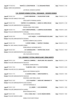 Jogo Nº 707.00.015.0        GRUPO D. C. A-DOS-FRANCOS       / C.A. REGUEIRA PONTES        Data 17/04/2010 - 11:00
Campo CAMPO DAS BARREIRAS
                                   LUIS MIGUEL VENANCIO QUERIDO


                       C.D. DIVISÃO HONRA FUTSAL / SEN.MASC. DIVISÃO HONRA

Jogo Nº 502.00.115.0                 CLUBE D.RIBEIRENSE     / CALDAS SPORT CLUBE          Data 17/04/2010 - 21:30
Campo PAVILHÃO GIMNOD. PORTO MÓS
                                   JOSE ALBERTO FERREIRA GASPAR

Jogo Nº 502.00.116.0         CENTRO C. R. D. BURINHOSA / ASSOC.C.D. IGREJA VELHA          Data 16/04/2010 - 21:30
Campo PAVILHÃO GIMNODESPORTIVO BURINHOSA
                                   WILSON LEONEL ROSA GOMES

Jogo Nº 502.00.117.0              G.D.R. S.BENTO/ARRABAL / C.BENFICA CALDAS RAINHA        Data 17/04/2010 - 20:30
Campo PAVILHAO GIMNODESPORTIVO ARRABAL
                                   PAULO JORGE GRACA LEONARDO

Jogo Nº 502.00.118.0                        A.C.R. ANÇOS / N. SPORTINGUISTA DE LEIRIA     Data 17/04/2010 - 19:00
Campo PAVILHÃO GIMNODESPORTIVO REDINHA
                                   EDUARDO HUMBERTO SECO DUARTE

Jogo Nº 502.00.119.0                   N. SPORT. POMBAL     / CENTRO P. POCARIÇA          Data 16/04/2010 - 21:30
Campo PAV. MUN. MANUEL EDUARDO GOMES
                                   RUBEN MANUEL ALEXANDRE BAETA

Jogo Nº 502.00.120.0                 U.D. CARANGUEJEIRA / CENTRO CASAL VELHO              Data 17/04/2010 - 19:00
Campo PAVILHAO GIMNODESPORTIVO DAS COLMEIAS
                                   JOEL FILIPE MOROUCO MATIAS


                          C.D. I DIVISÃO / FUTSAL MASCULINO ZONA NORTE

Jogo Nº 503.01.115.0                UNIAO D.R. COIMBRÃO     / GRUPO DESP. REC. BOAVISTA   Data 16/04/2010 - 21:30
Campo PAVILHÃO GIMNODESPORTIVO BAJOUCA
                                   RUI MANUEL SOARES BATISTA

Jogo Nº 503.01.116.0                    CLUBE REC. CHÃS / A.C.R.D.ST.EUFEMIA              Data 17/04/2010 - 20:30
Campo PAVILHÃO DA A.D.R. BARREIROS
                                   SELMO JOSE FERREIRA SANTOS

Jogo Nº 503.01.117.0                  G. ALEGRE E UNIDO / UNIÃO PACENSE F.C.              Data 17/04/2010 - 19:00
Campo PAVILHÃO GIMNODESPORTIVO BAJOUCA
                                   AGOSTINHO JOSE PENELA JESUS

Jogo Nº 503.01.118.0                    G.C.D. FIGUEIRAS    / ASSOC.REC. AMARENSE "B"     Data 17/04/2010 - 17:00
Campo PAVILHAO GIMNODESPORTIVO DAS COLMEIAS
                                   LUIS FILIPE MARQUES LE

Jogo Nº 503.01.119.0                         C.C. ANSIÃO    / A.D.R. BARREIROS            Data 17/04/2010 - 19:00
Campo PAVILHÃO GIMNODESPORTIVO ANSIÃO
                                   BRUNO MARQUES PINTO

Jogo Nº 503.01.120.0                 C.R.C.J. CASAL ANJA    / A.C.R.D. MAÇÃS D.MARIA      Data 17/04/2010 - 19:00
Campo PAVILHAO VIEIRA DE LEIRIA
                                   DANIELA FILIPA SANTO ROQUE
 
