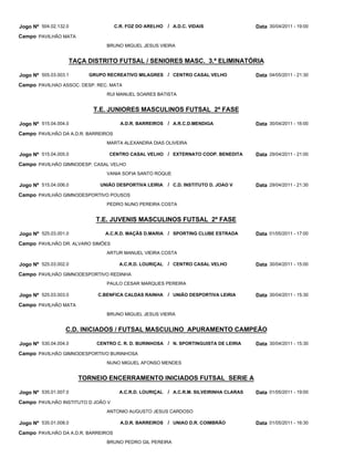 Jogo Nº 504.02.132.0                 C.R. FOZ DO ARELHO   / A.D.C. VIDAIS                 Data 30/04/2011 - 19:00
Campo PAVILHÃO MATA
                               BRUNO MIGUEL JESUS VIEIRA


                   TAÇA DISTRITO FUTSAL / SENIORES MASC. 3.ª ELIMINATÓRIA

Jogo Nº 505.03.003.1     GRUPO RECREATIVO MILAGRES / CENTRO CASAL VELHO                   Data 04/05/2011 - 21:30
Campo PAVILHAO ASSOC. DESP. REC. MATA
                               RUI MANUEL SOARES BATISTA


                          T.E. JUNIORES MASCULINOS FUTSAL 2ª FASE

Jogo Nº 515.04.004.0                   A.D.R. BARREIROS   / A.R.C.D.MENDIGA               Data 30/04/2011 - 16:00
Campo PAVILHÃO DA A.D.R. BARREIROS
                               MARTA ALEXANDRA DIAS OLIVEIRA

Jogo Nº 515.04.005.0            CENTRO CASAL VELHO / EXTERNATO COOP. BENEDITA             Data 29/04/2011 - 21:00
Campo PAVILHÃO GIMNODESP. CASAL VELHO
                               VANIA SOFIA SANTO ROQUE

Jogo Nº 515.04.006.0         UNIÃO DESPORTIVA LEIRIA      / C.D. INSTITUTO D. JOAO V      Data 29/04/2011 - 21:30
Campo PAVILHÃO GIMNODESPORTIVO POUSOS
                               PEDRO NUNO PEREIRA COSTA


                           T.E. JUVENIS MASCULINOS FUTSAL 2ª FASE

Jogo Nº 525.03.001.0           A.C.R.D. MAÇÃS D.MARIA / SPORTING CLUBE ESTRADA            Data 01/05/2011 - 17:00
Campo PAVILHÃO DR. ALVARO SIMÕES
                               ARTUR MANUEL VIEIRA COSTA

Jogo Nº 525.03.002.0                  A.C.R.D. LOURIÇAL   / CENTRO CASAL VELHO            Data 30/04/2011 - 15:00
Campo PAVILHÃO GIMNODESPORTIVO REDINHA
                               PAULO CESAR MARQUES PEREIRA

Jogo Nº 525.03.003.0        C.BENFICA CALDAS RAINHA       / UNIÃO DESPORTIVA LEIRIA       Data 30/04/2011 - 15:30
Campo PAVILHÃO MATA
                               BRUNO MIGUEL JESUS VIEIRA


                  C.D. INICIADOS / FUTSAL MASCULINO APURAMENTO CAMPEÃO

Jogo Nº 530.04.004.0        CENTRO C. R. D. BURINHOSA / N. SPORTINGUISTA DE LEIRIA        Data 30/04/2011 - 15:30
Campo PAVILHÃO GIMNODESPORTIVO BURINHOSA
                               NUNO MIGUEL AFONSO MENDES


                       TORNEIO ENCERRAMENTO INICIADOS FUTSAL SERIE A

Jogo Nº 535.01.007.0                  A.C.R.D. LOURIÇAL   / A.C.R.M. SILVEIRINHA CLARAS   Data 01/05/2011 - 19:00
Campo PAVILHÃO INSTITUTO D JOÃO V
                               ANTONIO AUGUSTO JESUS CARDOSO

Jogo Nº 535.01.008.0                   A.D.R. BARREIROS   / UNIAO D.R. COIMBRÃO           Data 01/05/2011 - 16:30
Campo PAVILHÃO DA A.D.R. BARREIROS
                               BRUNO PEDRO GIL PEREIRA
 