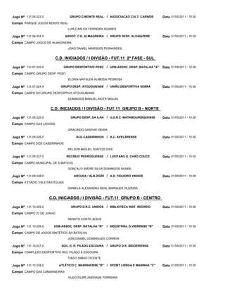 Jogo Nº 131.06.023.0             GRUPO D.MONTE REAL / ASSOCIACAO CULT. CARNIDE            Data 01/05/2011 - 10:30
Campo PARQUE JOGOS MONTE REAL
                                LUIS CARLOS FERREIRA SOARES

Jogo Nº 131.06.024.0           ASSOC. C.D. ALMAGREIRA / GRUPO DESP. ALVAIÁZERE            Data 01/05/2011 - 10:30
Campo CAMPO JOGOS DE ALMAGREIRA
                                JOAO DANIEL MARQUES FERNANDES


                          C.D. INICIADOS / I DIVISÃO - FUT.11 2ª FASE - SUL

Jogo Nº 131.07.022.0          GRUPO DESPORTIVO PESO      / UDB-ASSOC. DESP. BATALHA "A"   Data 01/05/2011 - 10:30
Campo CAMPO GRUPO DESP. PESO
                                ELOISA MAFALDA ALMEIDA PEDROSA

Jogo Nº 131.07.024.0        GRUPO DESP. ATOUGUIENSE / UNIÃO DESPORTIVA SERRA              Data 01/05/2011 - 10:30
Campo CAMPO DO GRUPO DESPORTIVO ATOUGUIENSE
                                DOMINGOS MANUEL MOTA MIGUEL


                       C.D. INICIADOS / I DIVISÃO - FUT.11 GRUPO B - NORTE

Jogo Nº 131.09.025.0              GRUPO DESP. DA ILHA / U.D.R.C. MATAMOURISQUENSE         Data 01/05/2011 - 10:30
Campo CAMPO DAS LAGOAS
                                GRACINDO GASPAR VIEIRA

Jogo Nº 131.09.026.0                 ACD CASEIRINHOS / A.C. AVELARENSE                    Data 01/05/2011 - 10:30
Campo CAMPO DOS CASEIRINHOS
                                NELSON MIGUEL SANTOS DIAS

Jogo Nº 131.09.027.0            RECREIO PEDROGUENSE      / LUSITANO G. CHÃO COUCE         Data 01/05/2011 - 10:30
Campo CAMPO MUNICIPAL DE S.MATEUS
                                GONCALO ANDRE SILVA DOMINGOS NUNES

Jogo Nº 131.09.028.0                ARCUDA / ALB.DOZE / A.D. FIGUEIRO VINHOS              Data 01/05/2011 - 10:30
Campo ESTÁDIO VALE DAS ÉGUAS
                                DANIELA ALEXANDRA REAL MARQUES OLIVEIRA


                       C.D. INICIADOS / I DIVISÃO - FUT.11 GRUPO B - CENTRO

Jogo Nº 131.10.025.0              GRUPO D.R.C. UNIDOS    / BIBLIOTECA INST. RECREIO       Data 01/05/2011 - 10:30
Campo CAMPO 22 DE JUNHO
                                RENATO COSTA JESUS

Jogo Nº 131.10.026.0     UDB-ASSOC. DESP. BATALHA "B"    / INDUSTRIAL D.VIEIRENSE "B"     Data 01/05/2011 - 10:30
Campo CAMPO DE JOGOS SINTÉTICO DA BATALHA
                                JONI DANIEL DOMINGUES CORREIA

Jogo Nº 131.10.027.0         SOC. D. R. PILADO ESCOURA   / GRUPO D.R. BIDOEIRENSE         Data 01/05/2011 - 10:30
Campo COMPLEXO DESPORTIVO REC PILADO E ESCOURA
                                TIAGO SIMAO VICENTE

Jogo Nº 131.10.028.0       ATLÉTICO C. MARINHENSE "B" / SPORT LISBOA E MARINHA "C"        Data 01/05/2011 - 10:30
Campo CAMPO DAS CAMARNEIRAS
                                HUGO FILIPE ANDRADE FERREIRA
 