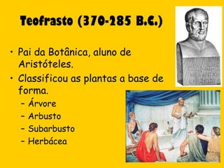 Teofrasto (370-285 B.C.)

• Pai da Botânica, aluno de
  Aristóteles.
• Classificou as plantas a base de
  forma.
  –   Árvore
  –   Arbusto
  –   Subarbusto
  –   Herbácea
 