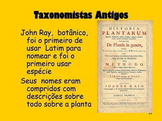 Taxonomistas Antigos
John Ray, botânico,
 foi o primeiro de
 usar Latim para
 nomear e foi o
 primeiro usar
 espécie
Seus nomes eram
 compridos com
 descrições sobre
 todo sobre a planta
                          22
 