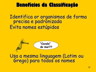Benefícios da Classificação

Identifica or organismos de forma
 precisa e padronizada
Evita nomes estúpidos


             ”Cavalo”
             do mar??


Usa a mesma linguagem (Latim ou
 Grego) para todos os nomes
                                    32
 