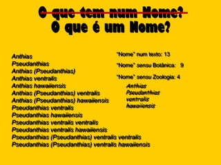 O que tem num Nome?
           O que é um Nome?
Anthias                              “Nome” num texto: 13
Pseudanthias                         “Nome” sensu Botânica: 9
Anthias (Pseudanthias)
Anthias ventralis                    “Nome” sensu Zoologia: 4
Anthias hawaiiensis                     Anthias
Anthias (Pseudanthias) ventralis        Pseudanthias
Anthias (Pseudanthias) hawaiiensis      ventralis
Pseudanthias ventralis                  hawaiiensis
Pseudanthias hawaiiensis
Pseudanthias ventralis ventralis
Pseudanthias ventralis hawaiiensis
Pseudanthias (Pseudanthias) ventralis ventralis
Pseudanthias (Pseudanthias) ventralis hawaiiensis
 